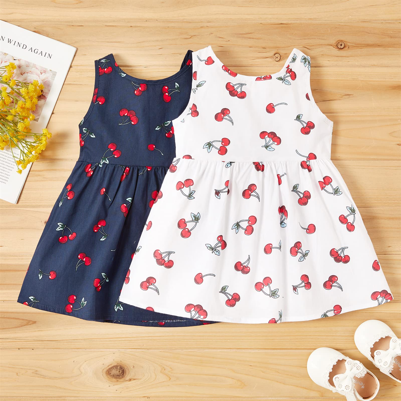 PATPAT 100% Cotton Cherry Print Backless Sleeveless Baby Dress - Soft & Comfortable Summer Outfit for Girls, Perfect for Beach, Party & Family Photos
