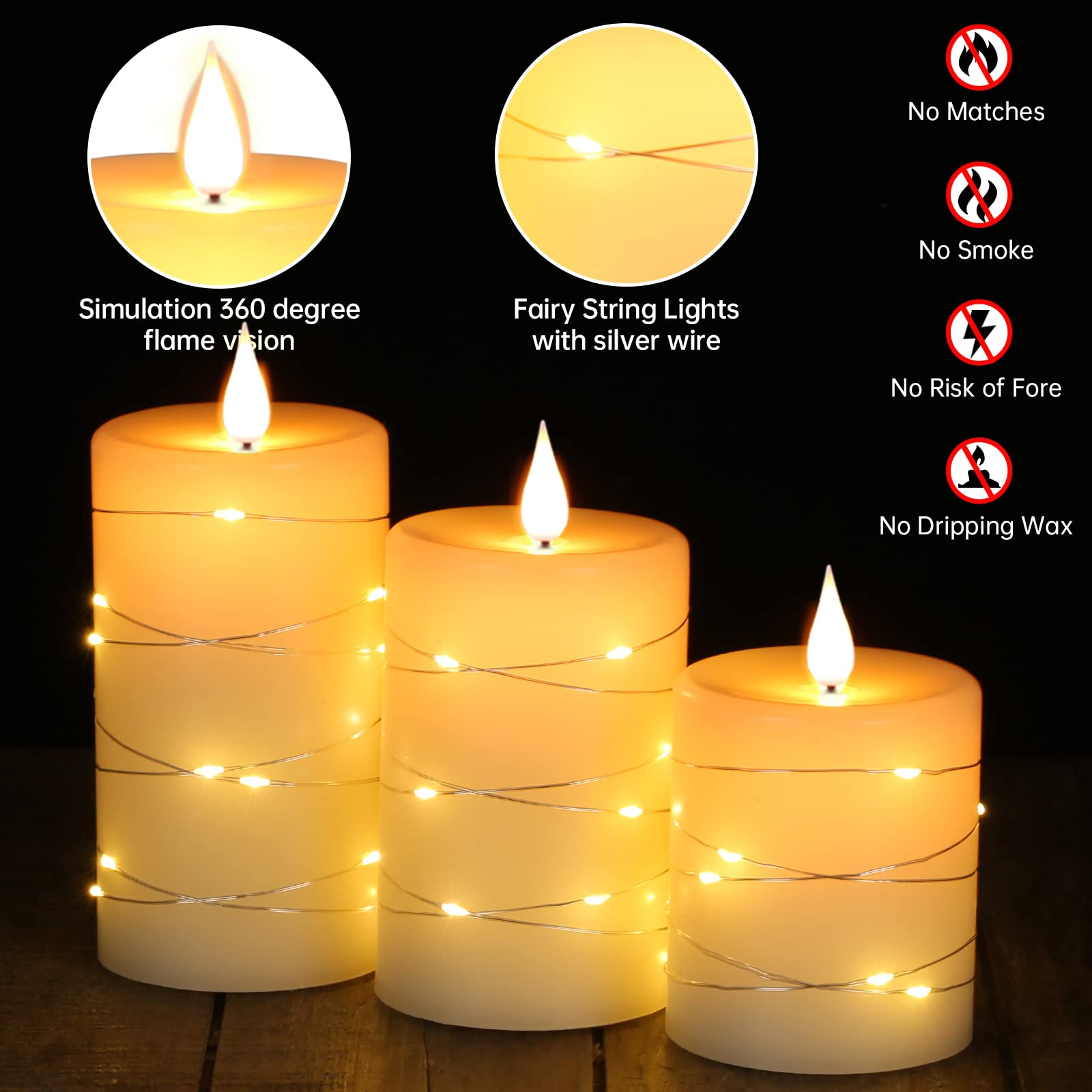 Flameless LED Candles with Remote & Timer - Battery Operated Real Wax Candles with String Lights, 3-Pack Ivory White - Perfect for Home Decor, Weddings, and Romantic Ambiance