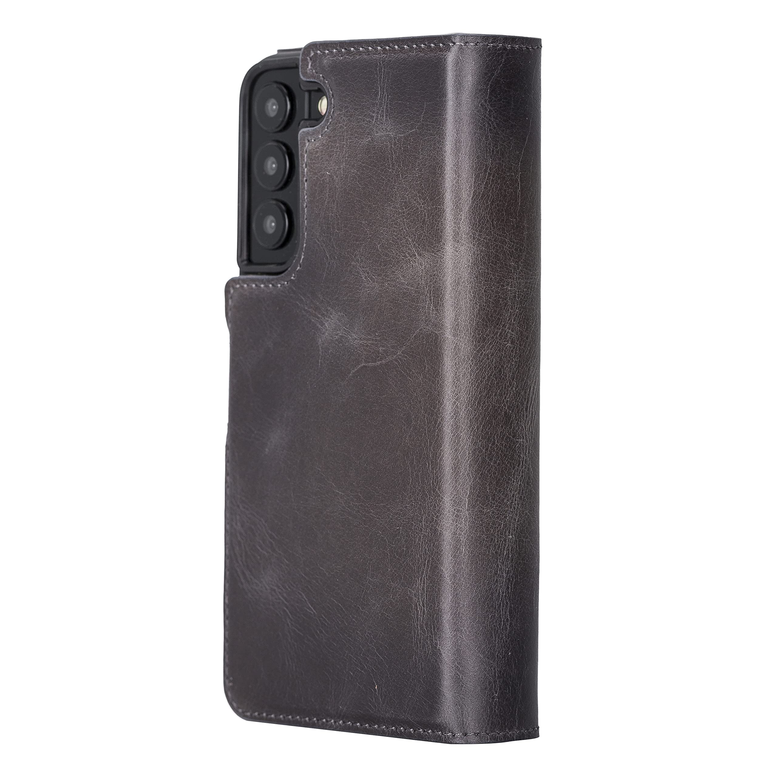 Premium Full Grain Leather Tri-Fold Wallet Case for Samsung Galaxy S22 Plus - 2-in-1 Magnetic Flip Cover with Card Slots & Detachable Durable Frame (Smoked Black) | Perfect for Business, Travel & Everyday Use
