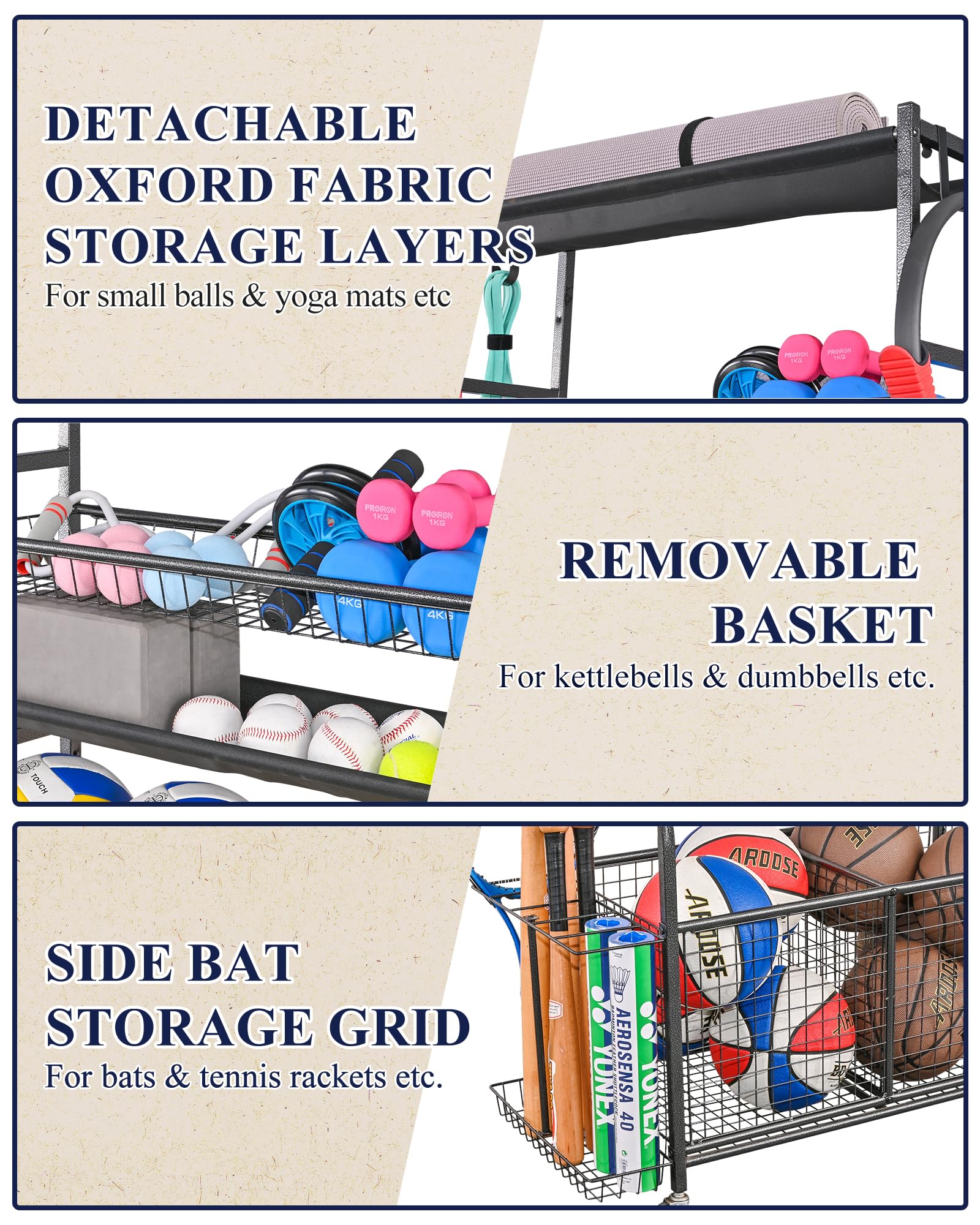 Mythinglogic Sports Equipment Garage Organizer - Rolling Ball Cart with Wheels for Basketball, Soccer, Football Storage | Indoor & Outdoor Sports Gear & Toy Organizer | Perfect for Garage, Basement, Backyard, and Playroom Organization