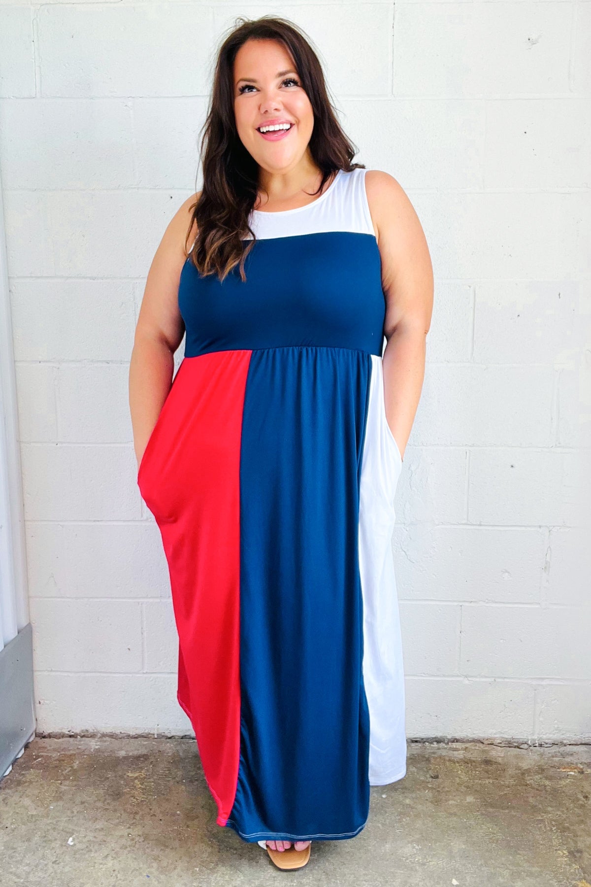 American Flag Color Block Fit & Flare Maxi Dress for Women - Perfect for 4th of July, Memorial Day & Patriotic Events