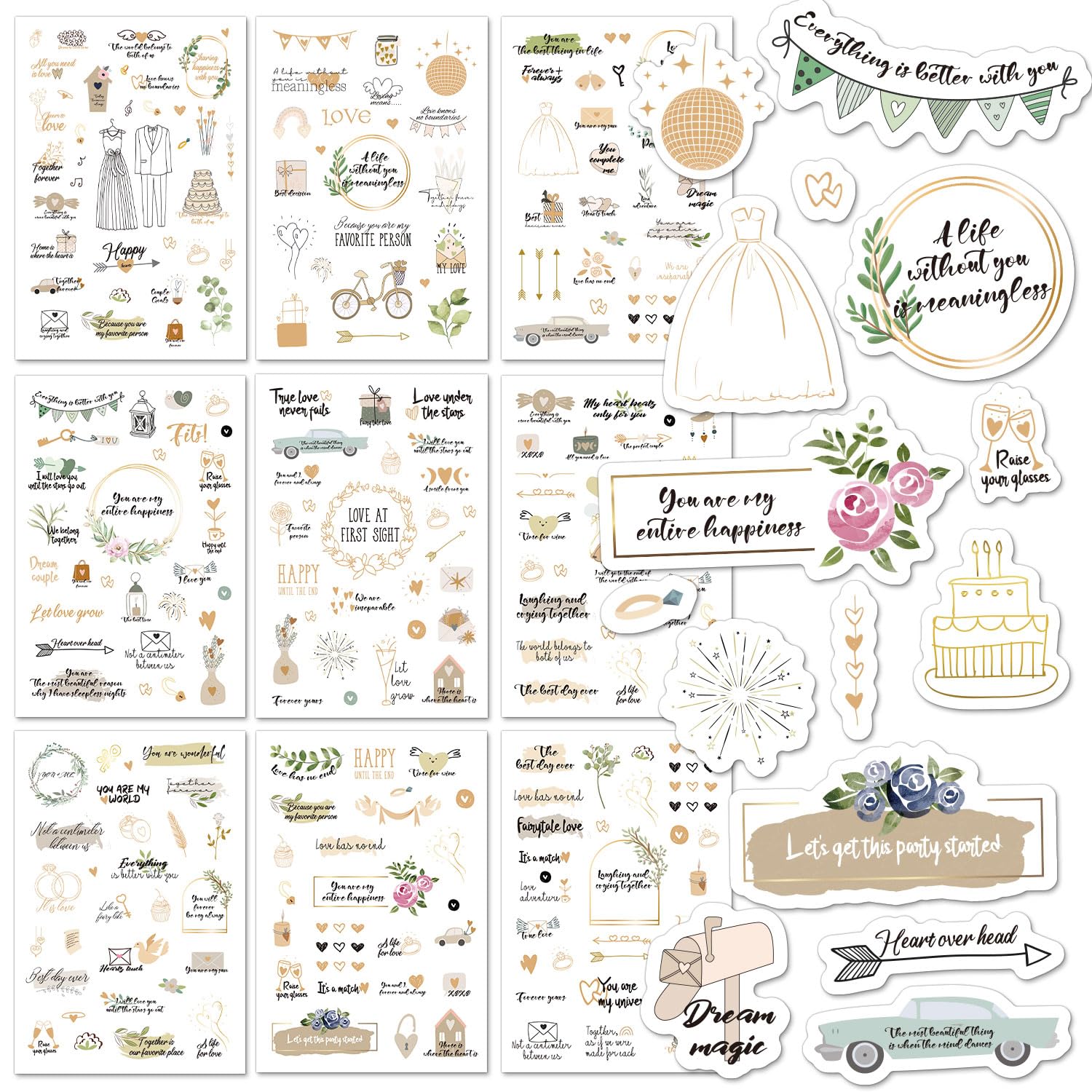 Vintage Waterproof Wedding Stickers for Scrapbooking - 278 Pcs Bridal Stickers Set (9 Sheets) for Engagement, Anniversary, Planner Decorations - Perfect for DIY Invitations, Journals & Memory Books