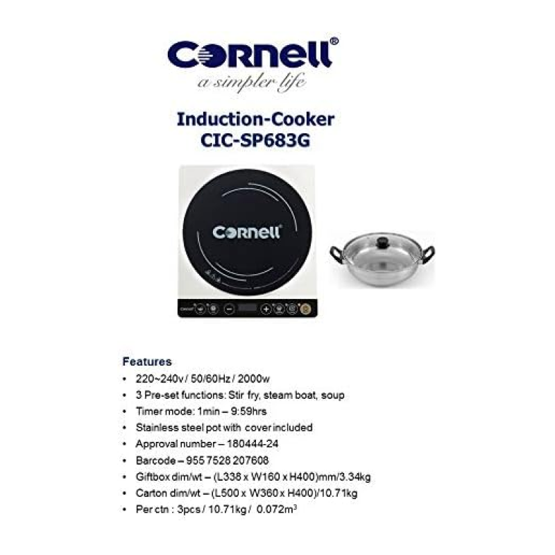Cornell CICSP683G Induction Cooktop with Stainless Steel Pot - Fast & Energy-Efficient Cooking for Home, Kitchen, Dorm, RV & Camping