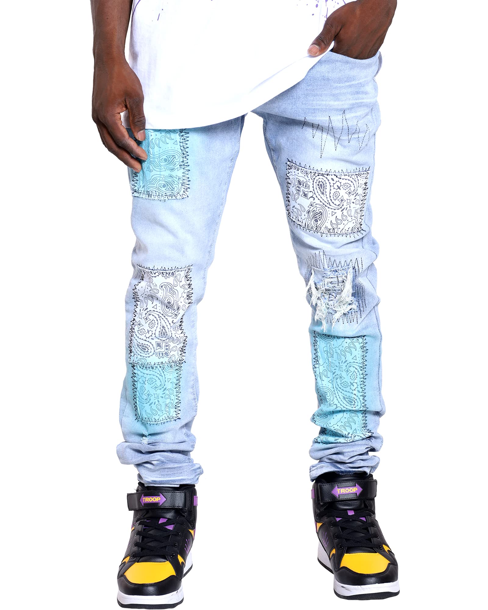 M. Society Men's Bandana Print Skinny Jeans - Stretch Denim Pants for Casual Wear & Street Style Fashion