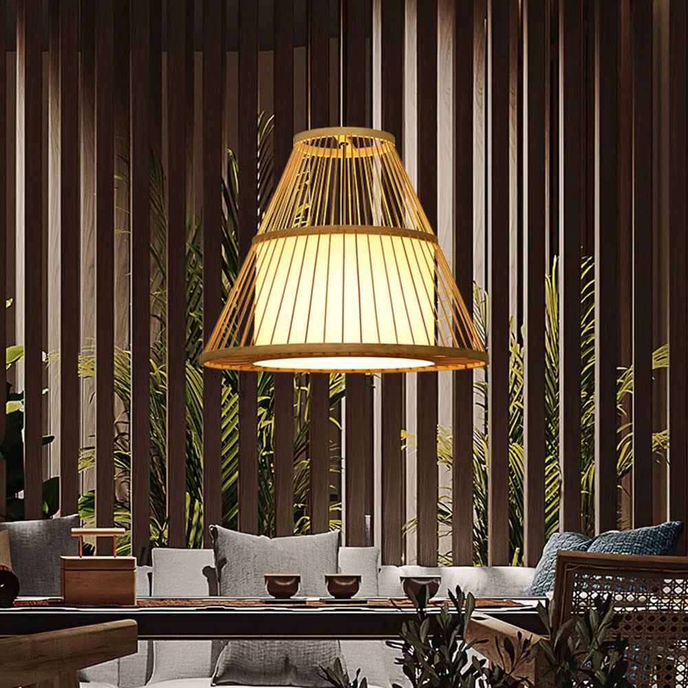 Handmade Natural Bamboo Pendant Light - Woven Cone Lantern Shade for Industrial Style Lighting Fixtures | Perfect for Cafe, Bar, Restaurant, Kitchen, Dining Room & Living Room Hanging Decor | Creates Cozy Ambiance for Commercial & Residential Spaces
