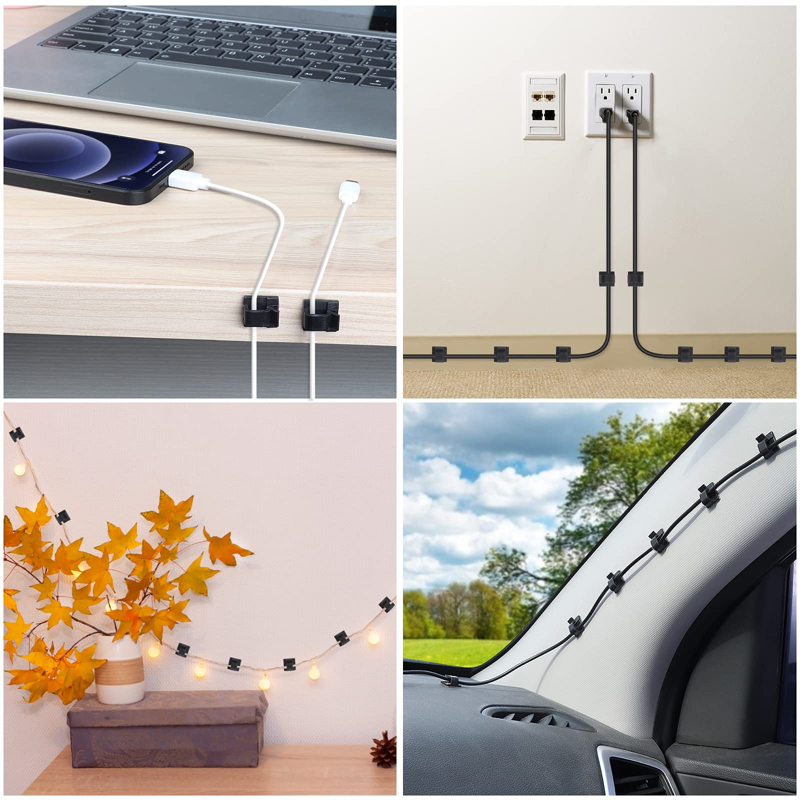 45-Pack Black Adhesive Cable Clips - Heavy Duty Wire Organizers for Desk, Wall & Car - Secure Extension Cords, Ethernet & TV Coax Cables - Perfect for Home Office, Gaming Setup & Vehicle Wiring Management