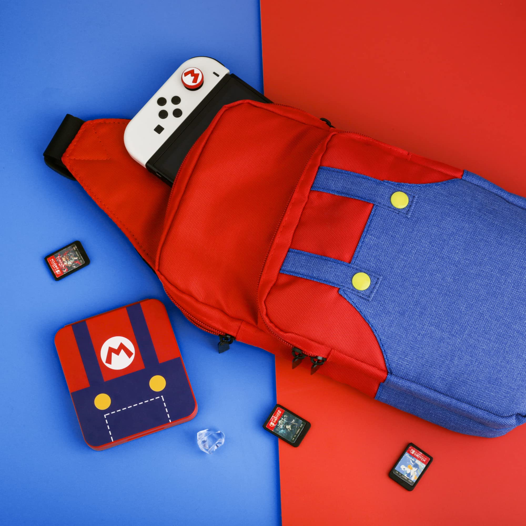 Cute Mario Switch Travel Bag for Nintendo Switch/OLED/Lite - Portable Crossbody Backpack with Game Case Holder & Thumb Caps - Perfect for Gaming On-The-Go