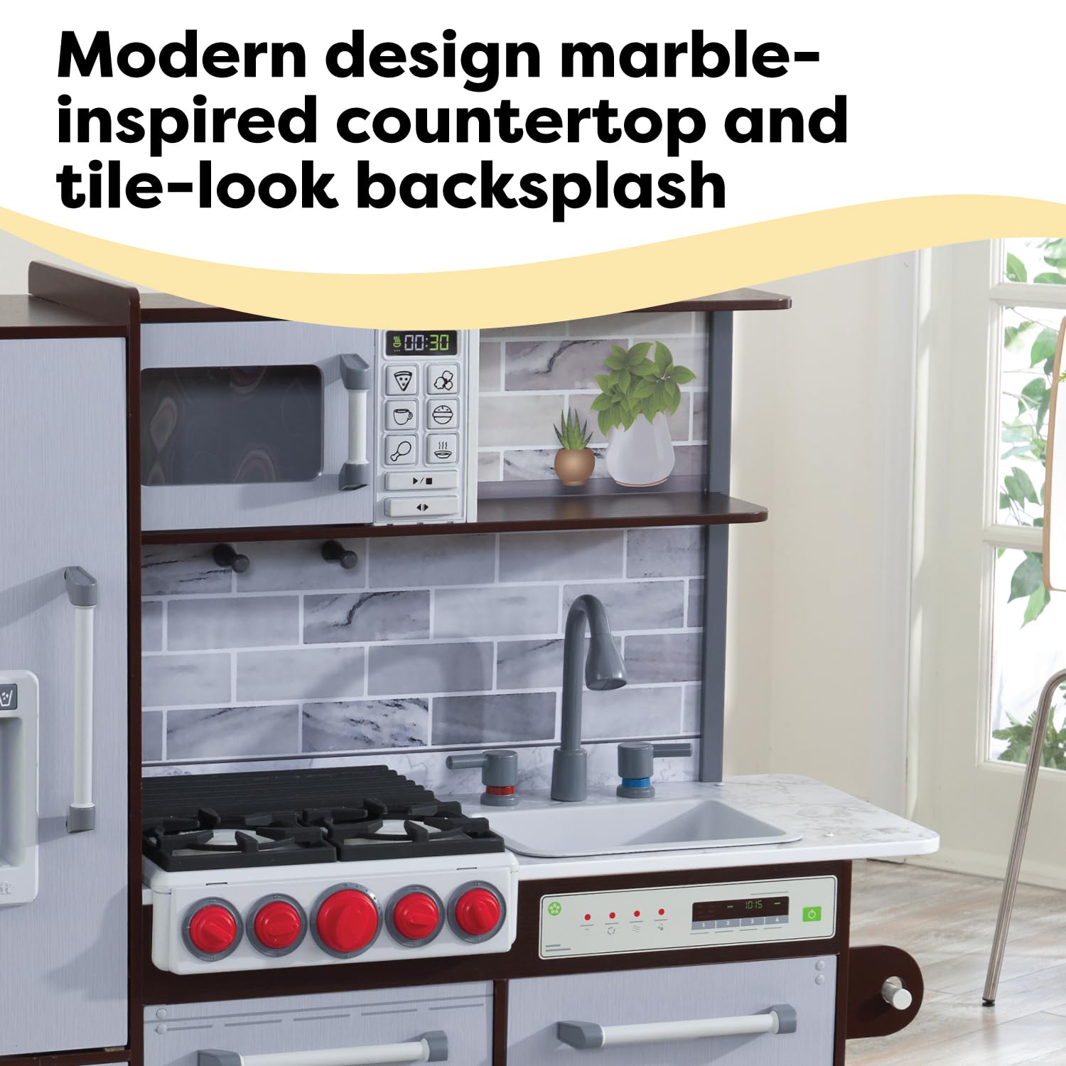 KidKraft Uptown Elite Espresso Play Kitchen - Wooden Pretend Play Set with Lights, Sounds & Working Ice Maker | EZ Kraft Assembly™ | Click & Turn Knobs | Educational Toy Gift for Kids Ages 3+ | Perfect for Imaginative Play, Role-Playing & Early Childhood Development