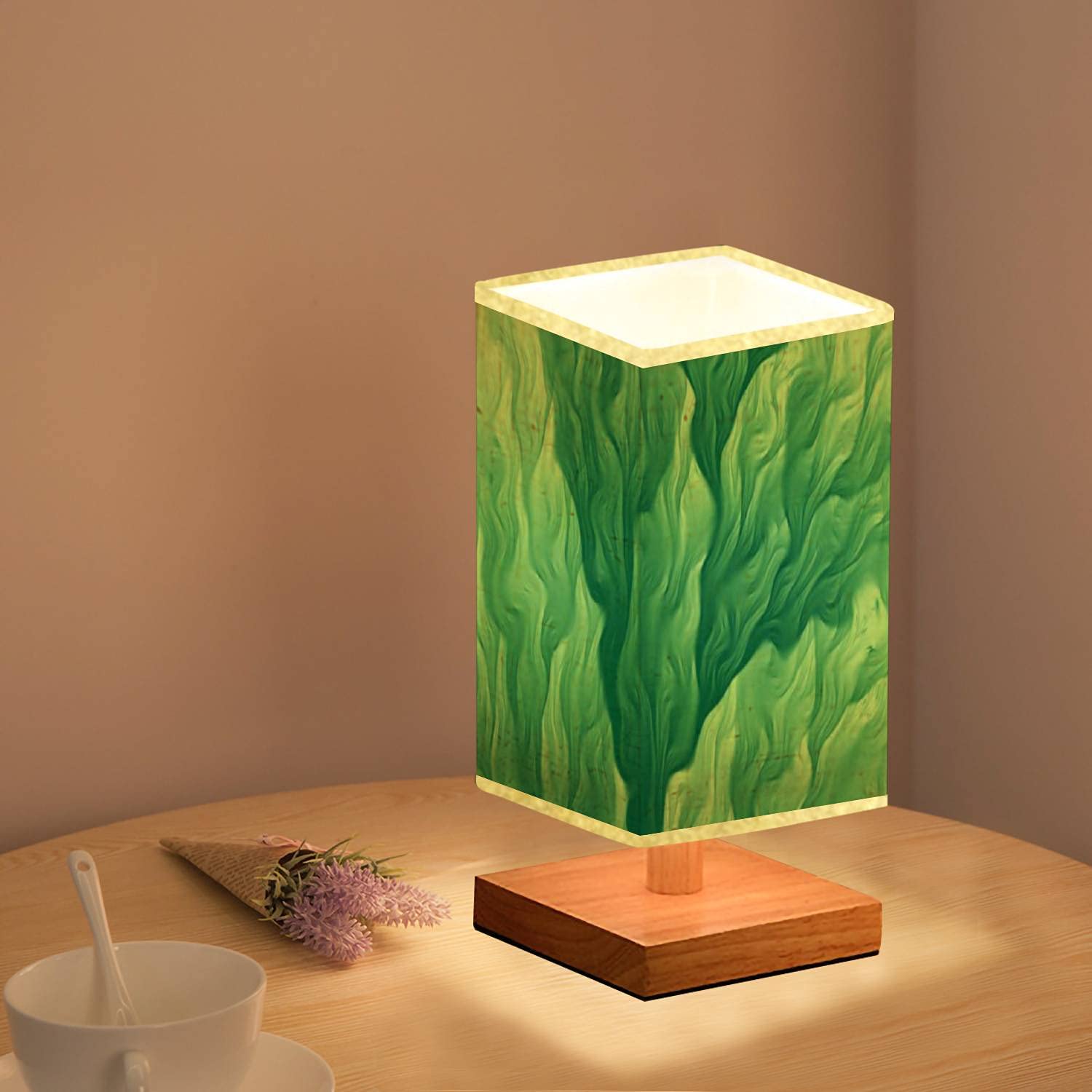 Square Dimmable Bedside Table Lamp with Green Seaweed Abstract Fractal Art Design, Wooden Base & Flaxen Fabric Shade - Modern Nightstand Lamp for Bedroom, Living Room, Office | Perfect for Reading, Relaxing & Ambient Lighting