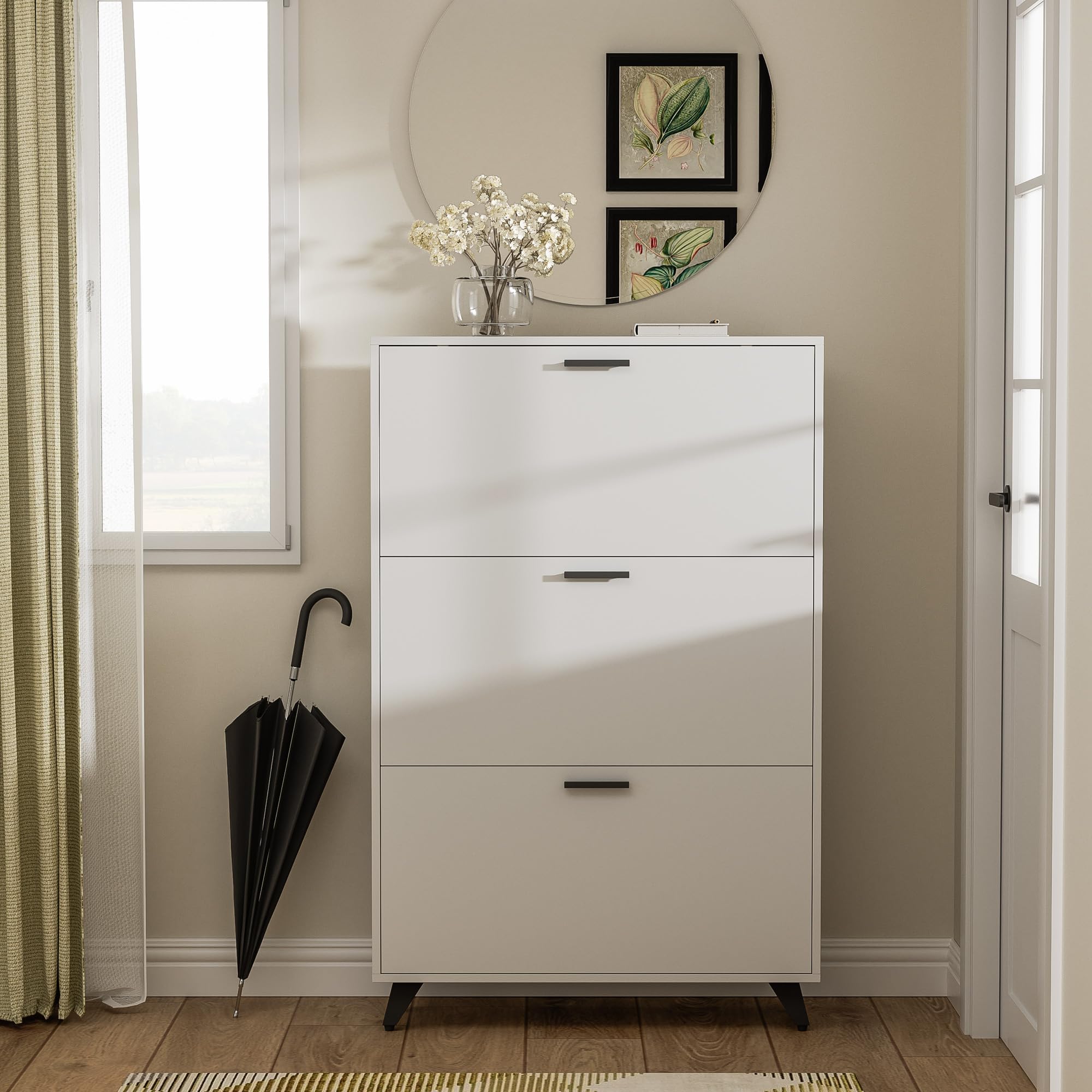 White Shoe Storage Cabinet with 3 Flip Drawers - Holds Shoes Up to Size 16, Wooden Entryway Organizer for Closet, Living Room & Bedroom - Perfect for Small Spaces & Shoe Lovers