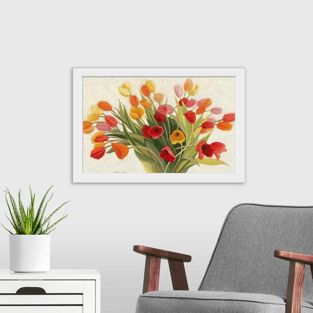 Spring Tulips White Framed Wall Art Print - Elegant Tulip Flower Painting for Home & Office Decor - Perfect for Living Room, Bedroom, Dining Room Wall Decoration