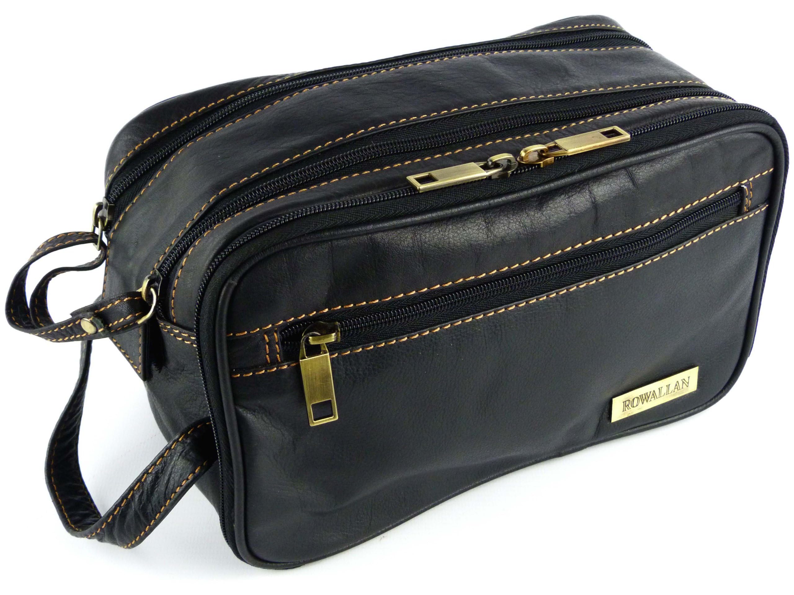 Rowallan of Scotland Men's Classic Leather Travel Toiletries Bag - Stylish Black Wash Bag for Business Trips & Weekend Getaways