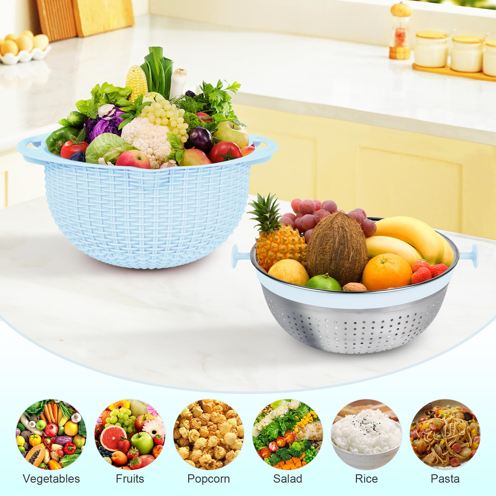 4-in-1 Rotating Colander and Mixing Bowl Set - Kitchen Strainer for Pasta, Rice, Fruits & Vegetables - Durable Food Wash Basket with Handle - Perfect for Meal Prep, Cooking & Washing Produce (Blue)