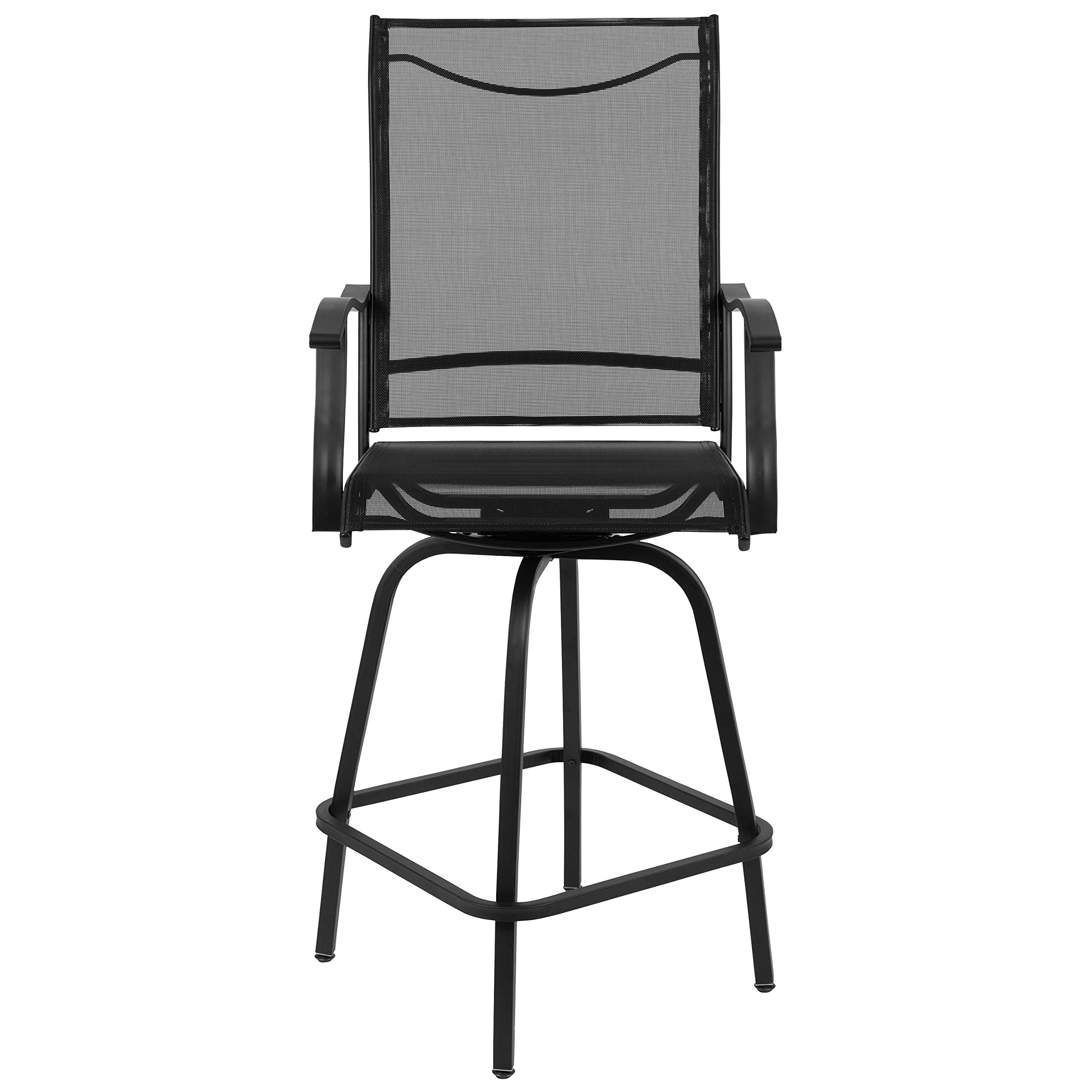 **Black All-Weather Textilene Swivel Bar Height Patio Stools Set of 2 – High Back & Armrests for Outdoor Deck, Garden, or Poolside Relaxation**