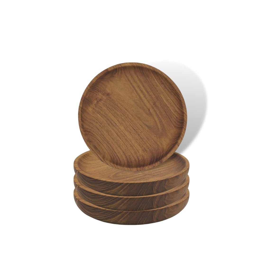 YUNIFF 5 Inch Wooden Plates Set of 4 - Teak Wood Bread & Tapas Plates, Rustic Small Serving Dishes for Charcuterie, Cheese, Appetizers - Perfect for Dinner Parties, Picnics, and Home Decor