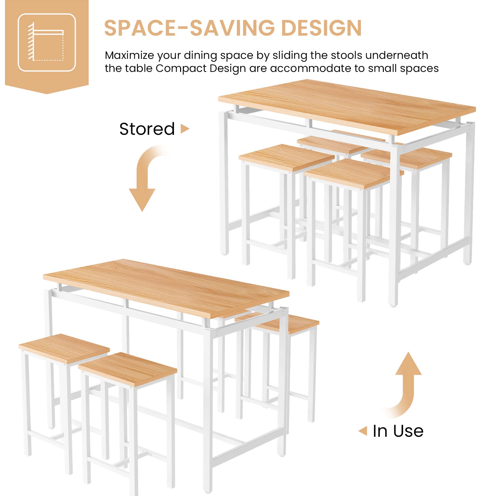 DKLGG 5-Piece Wooden Dining Table Set for 4 - Small Kitchen Table with 4 Stools, Space-Saving Bar Height Kitchen Table and Chairs Set - Perfect for Breakfast Nooks, Small Apartments & Cozy Dining Areas