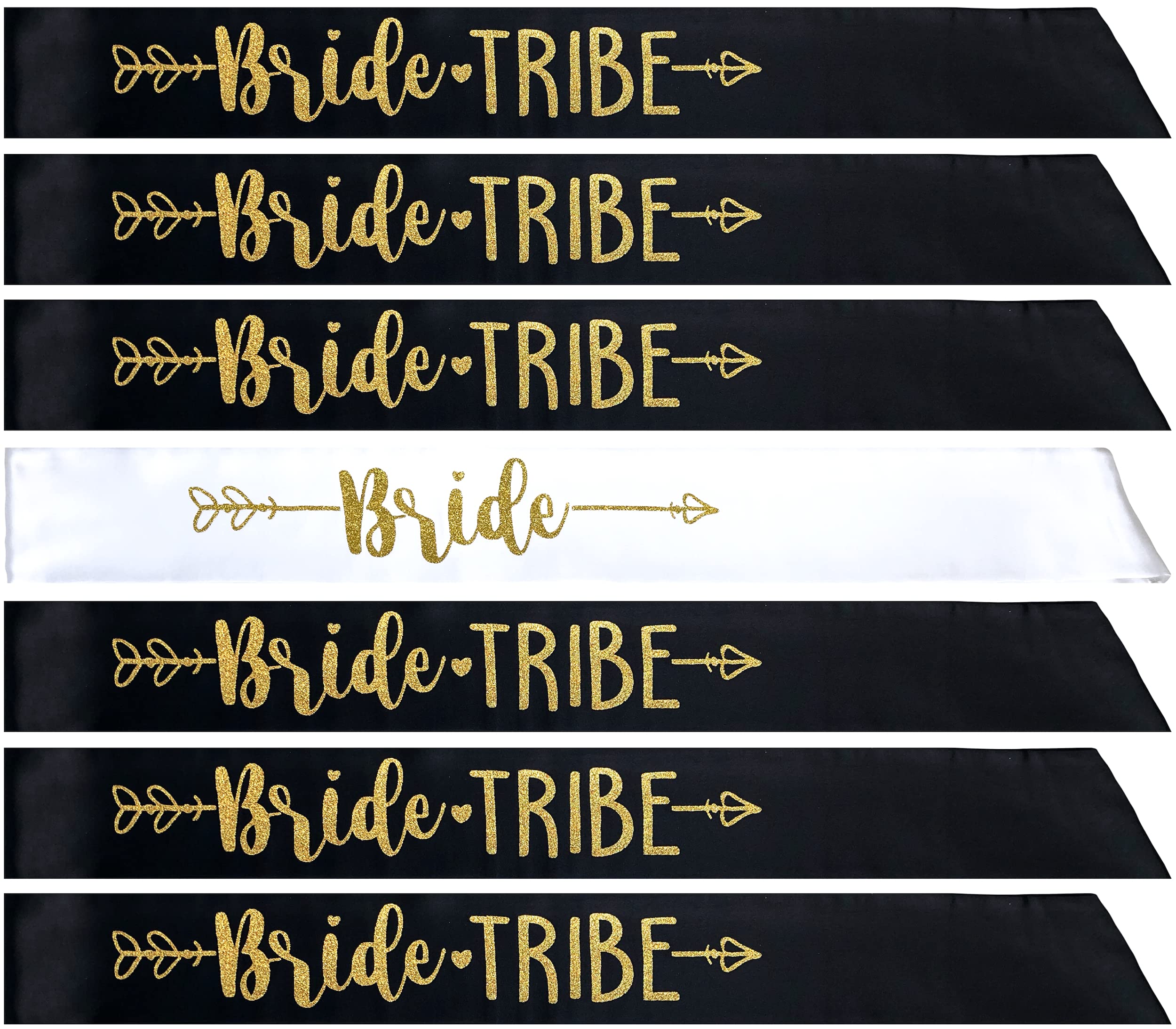 Bride Tribe 7pc Satin Sash Set - Elegant Bachelorette Party Favors, Bridal Shower & Wedding Accessories (Black & Gold) - Perfect for Wedding Party, Girls' Night Out & Bridesmaid Celebrations