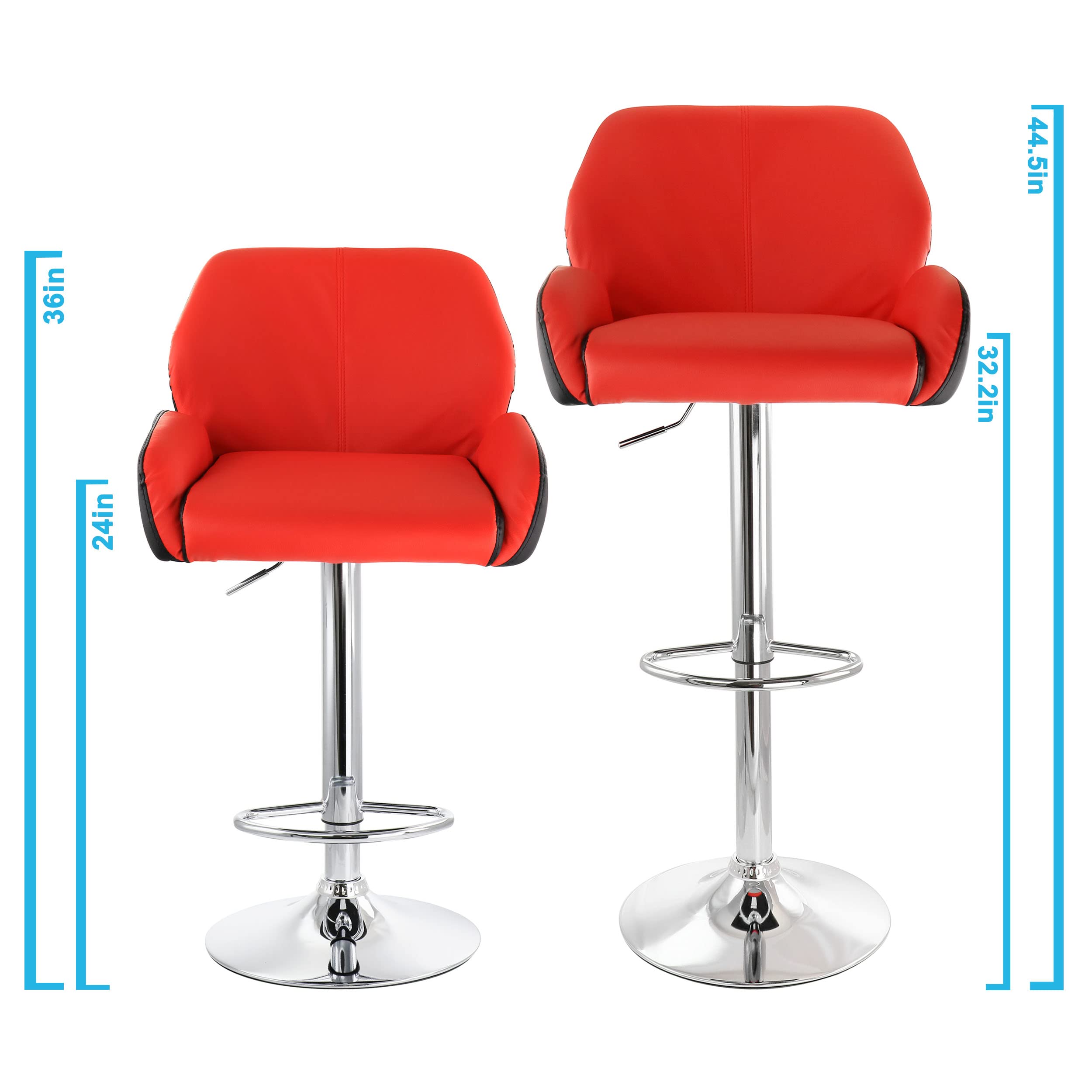Elama 2-Piece Adjustable Bar Stool Set - Faux Leather Upholstery in Red & Black with Chrome Metal Base - Counter Height Stools for Kitchen Island, Breakfast Nook & Home Bar Decor