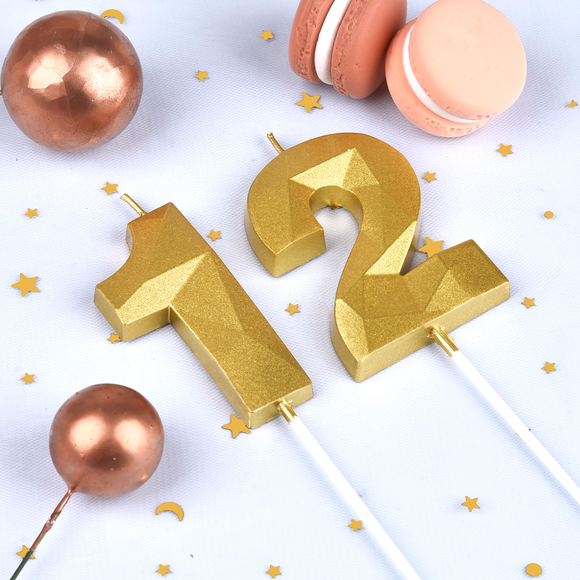 2.76 Inch Gold Number Birthday Candles - Set of 12 Crystal Gold Cake Candles for Birthday Party Decorations & Celebration Supplies | Perfect for Cakes, Cupcakes, and Desserts