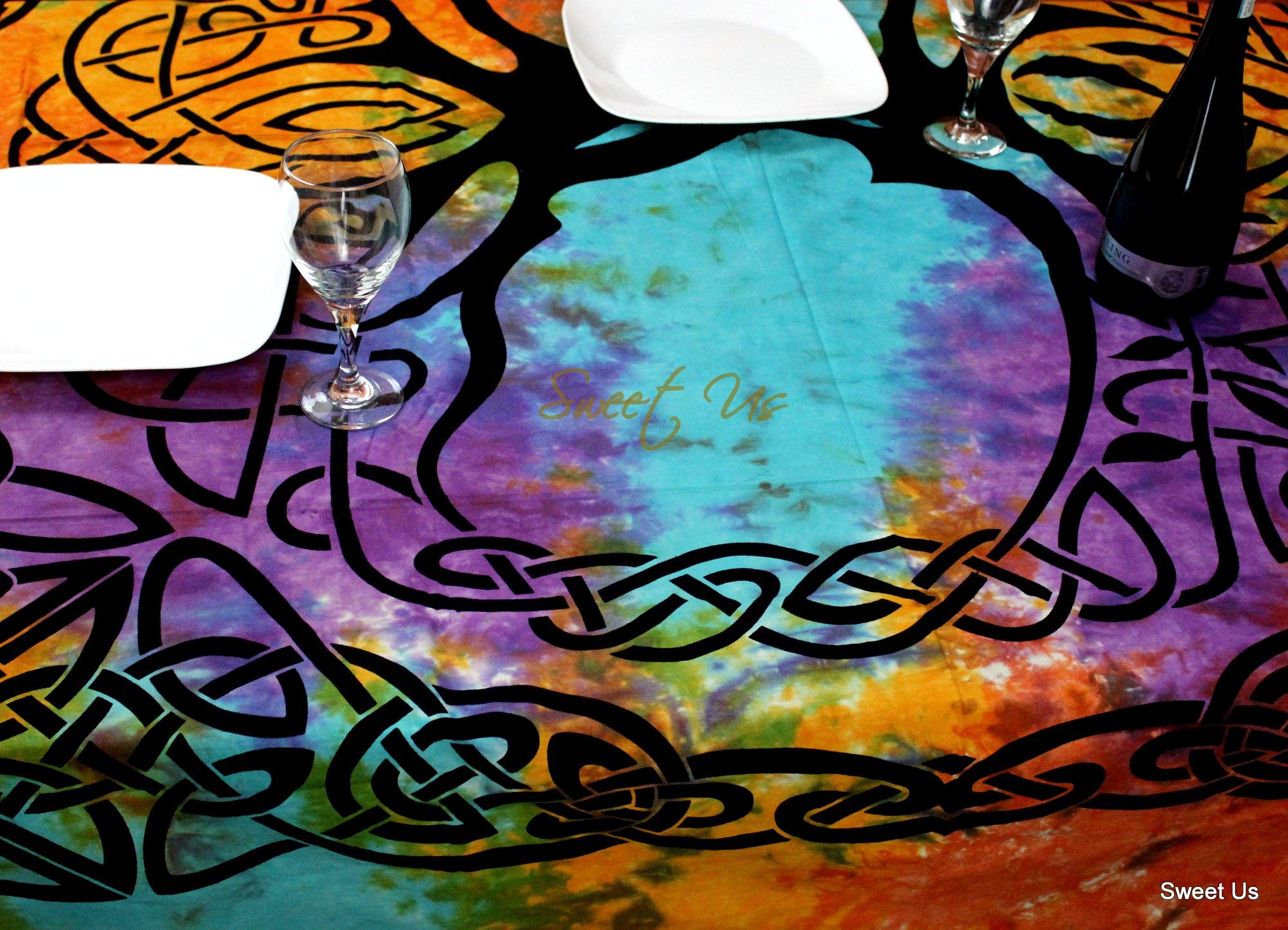 Celtic Print Tablecloth 72x72 Inches - Blue Green Turquoise Purple Tree of Life Cotton Fabric for Square Tables - Kitchen & Dining Room Decor, Holiday Dinner Party, Celtic Festival Celebration