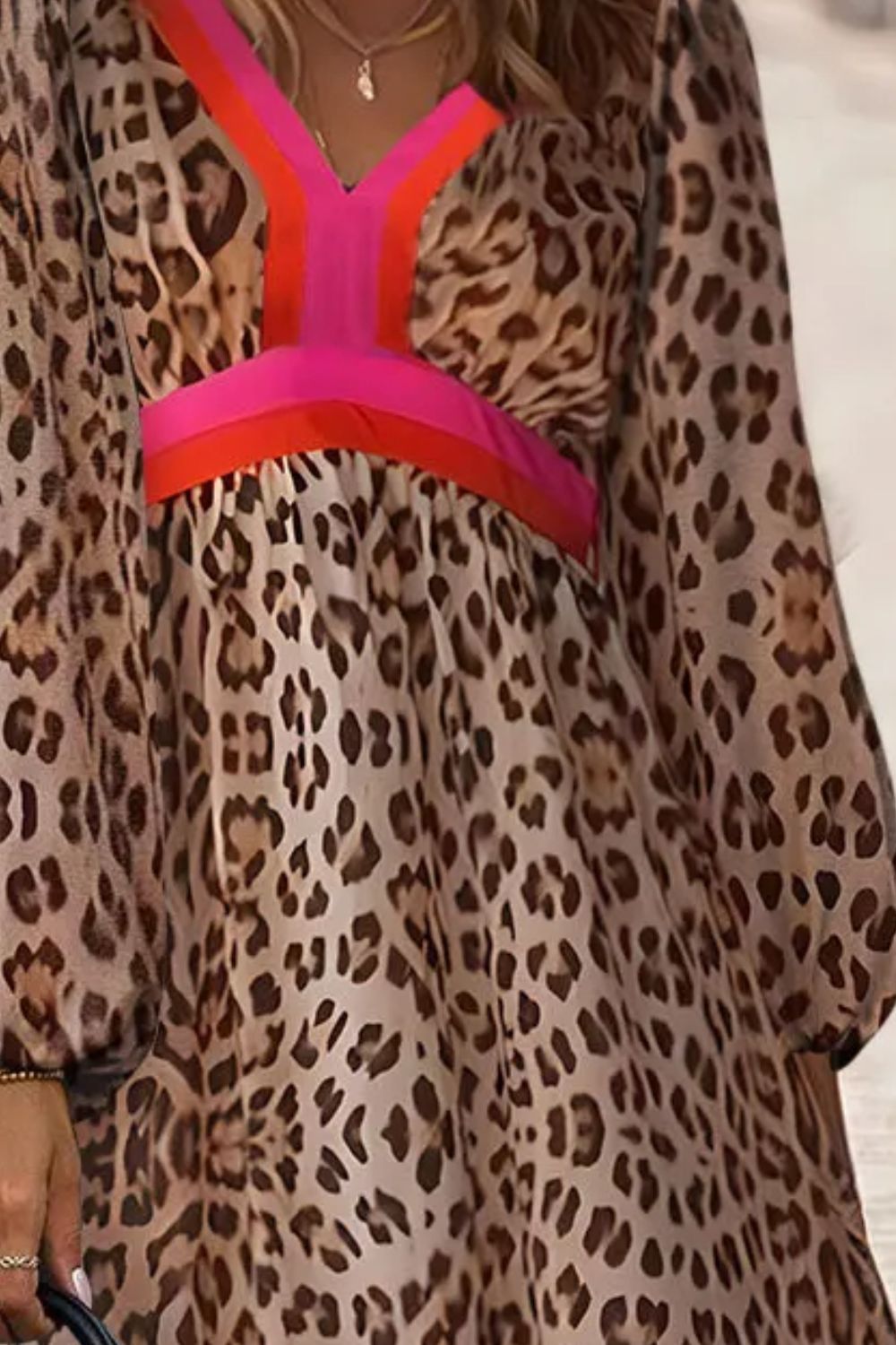 Leopard Print V-Neck Long Sleeve Maxi Beach Dress for Women - Flowy Summer Cover Up, Boho Chic Swimwear Cover Dress for Vacations, Pool Parties & Beach Getaways