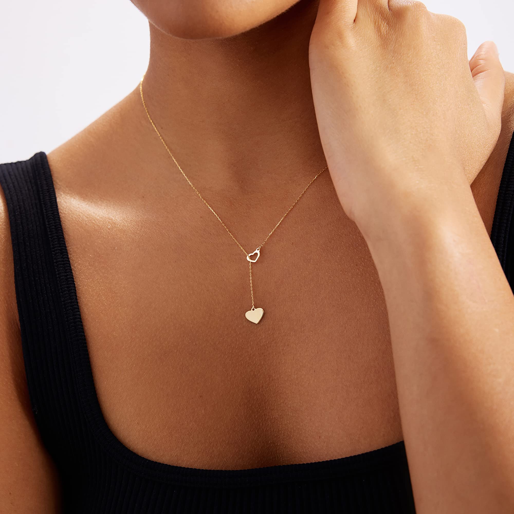 14K Solid Gold Two Heart Lariat Y-Necklace for Women - Elegant Layered Necklace for Valentine's Day, Anniversary & Romantic Gifts