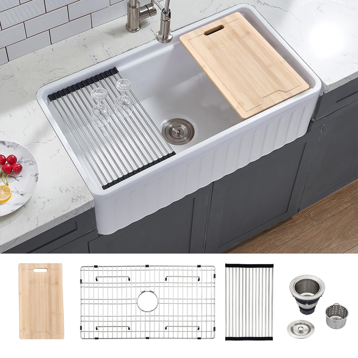 Friho 33x18 Inch Modern Single Bowl Drop-In Farmhouse Kitchen Sink - White Apron Front Undermount Fireclay Ceramic Porcelain Sink with Cutting Board | Perfect for Rustic Kitchens, Remodeling & Country Style Homes