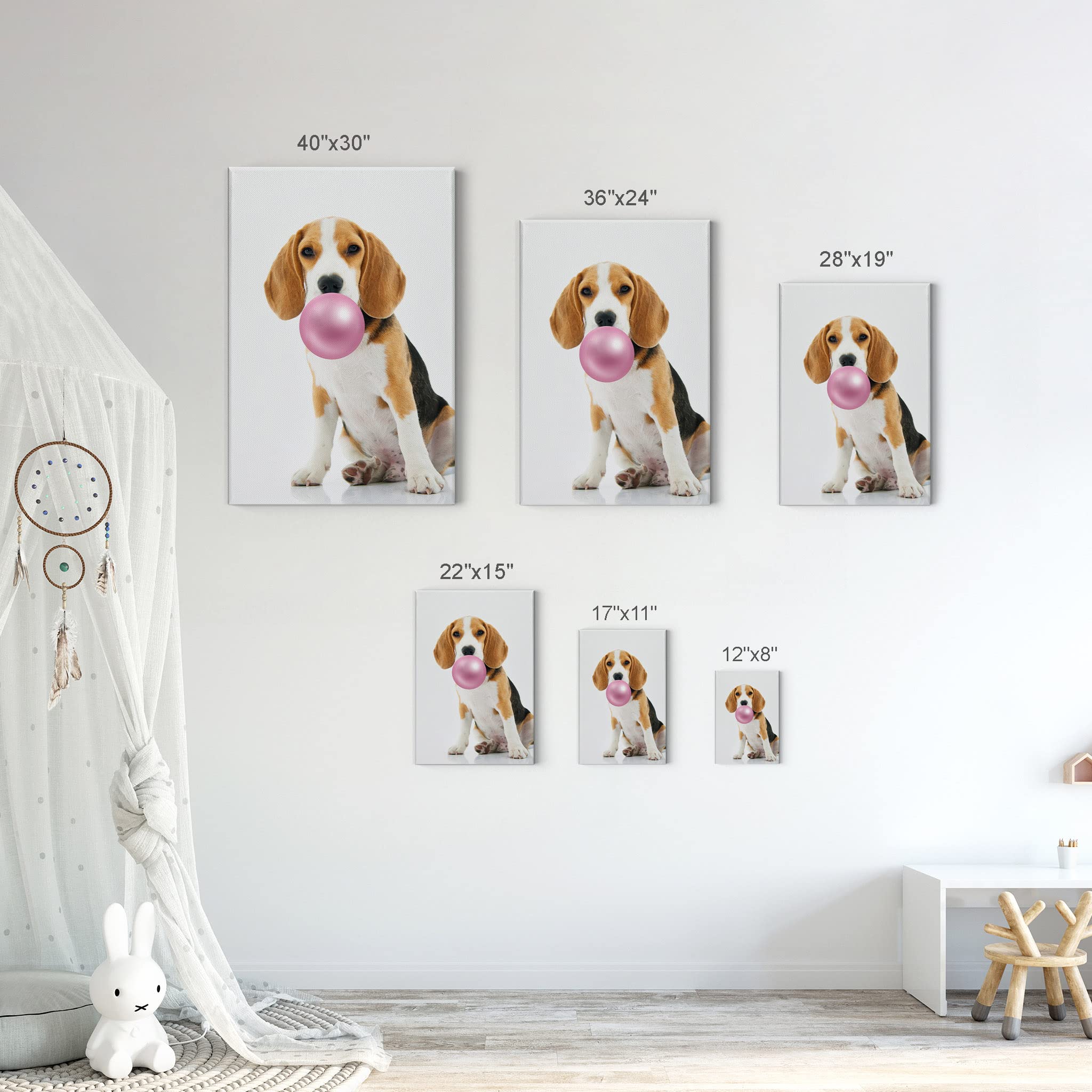 Cute Beagle Dog Bubble Gum Pop Art Canvas Print - Pink Animal Wall Decor for Kids Room, Nursery & Home - 40x30 Inch Made in USA | Perfect for Birthday Gifts & Playroom Decoration