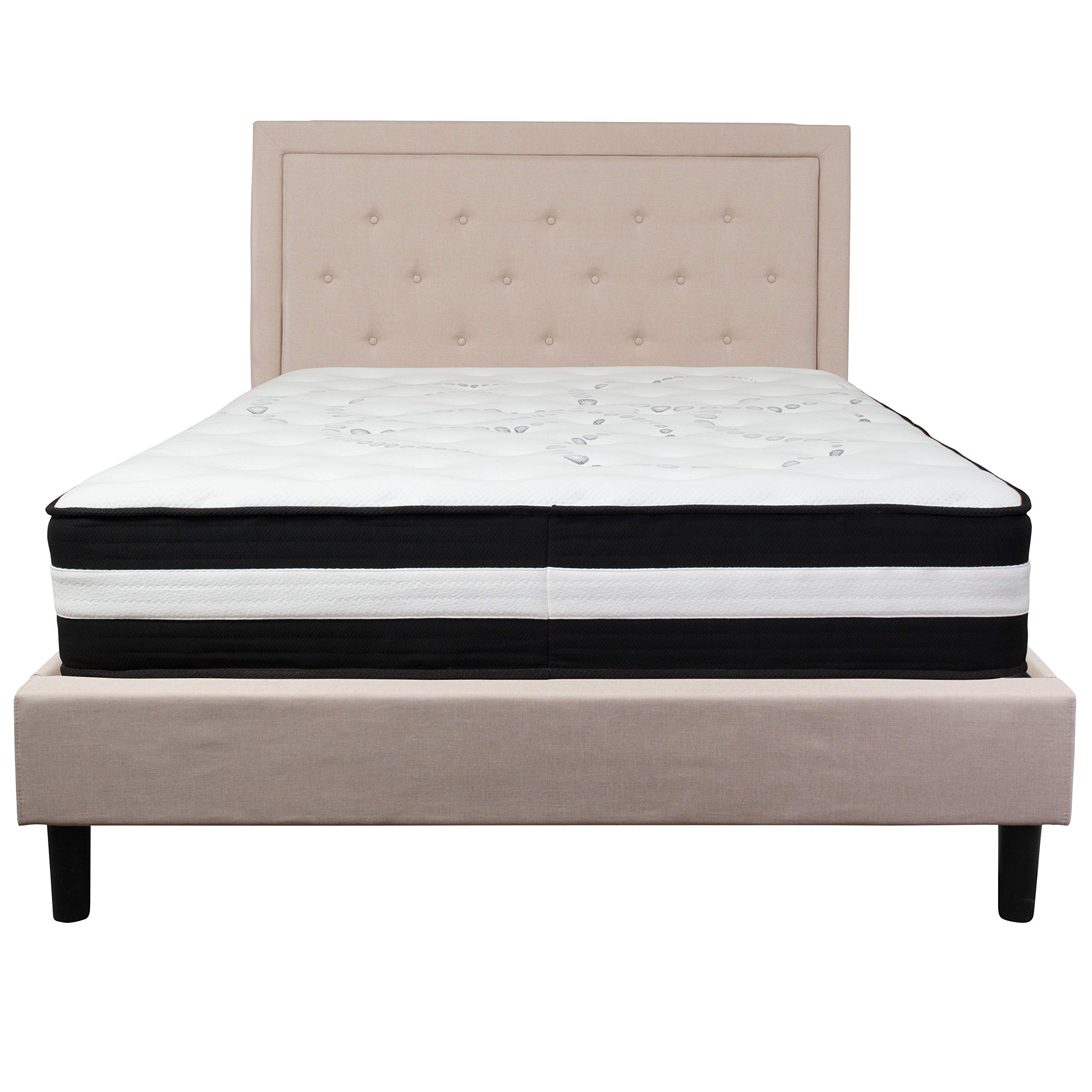 Queen Size Panel Tufted Platform Bed Frame with Headboard - Beige Upholstered Fabric for Bedroom, Guest Room & Master Suite