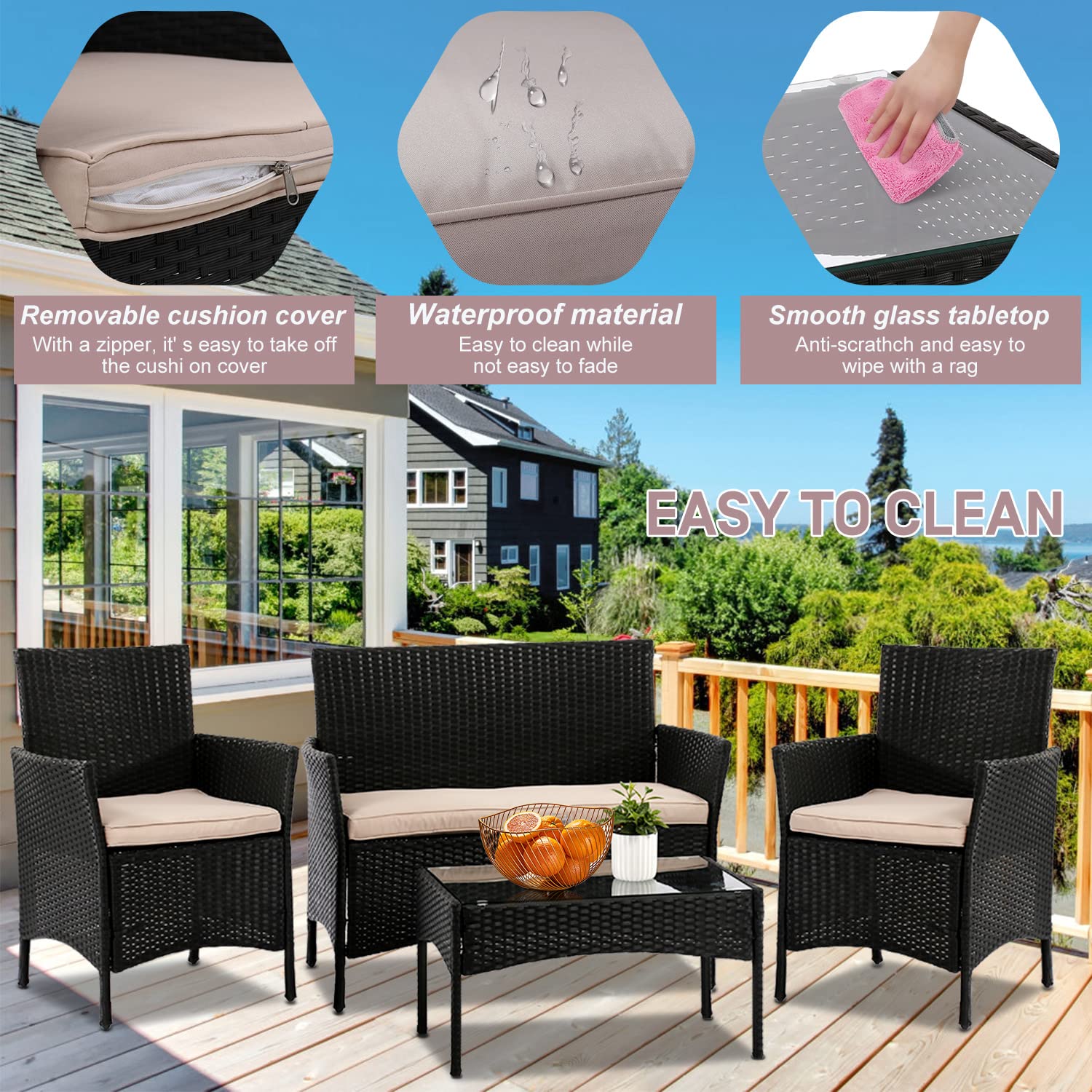 4-Piece Wicker Patio Furniture Set with Cushions - Outdoor Rattan Conversation Sofa & Table for Balcony, Backyard, Porch - Black Modern Patio Seating for Relaxing & Entertaining Guests