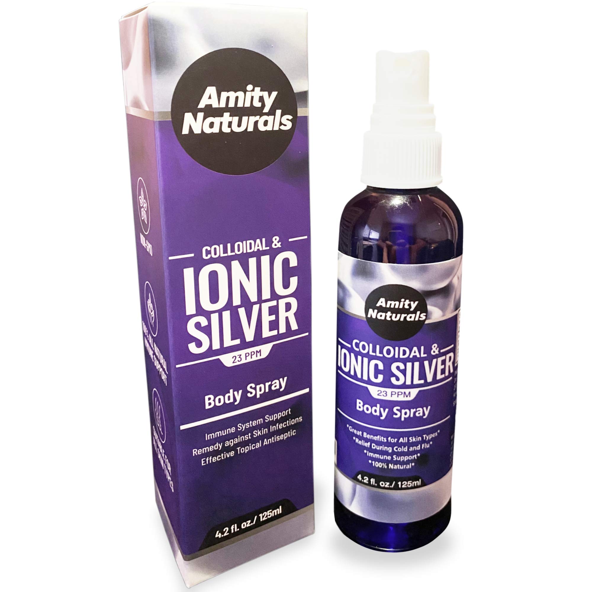 Pure Colloidal Ionic Silver Spray (23 ppm) - Natural Air Purifier & Immune Booster for Home, Travel & Office - 4 fl oz Bottle by Amity Naturals - Supports Respiratory Health & Air Cleaning