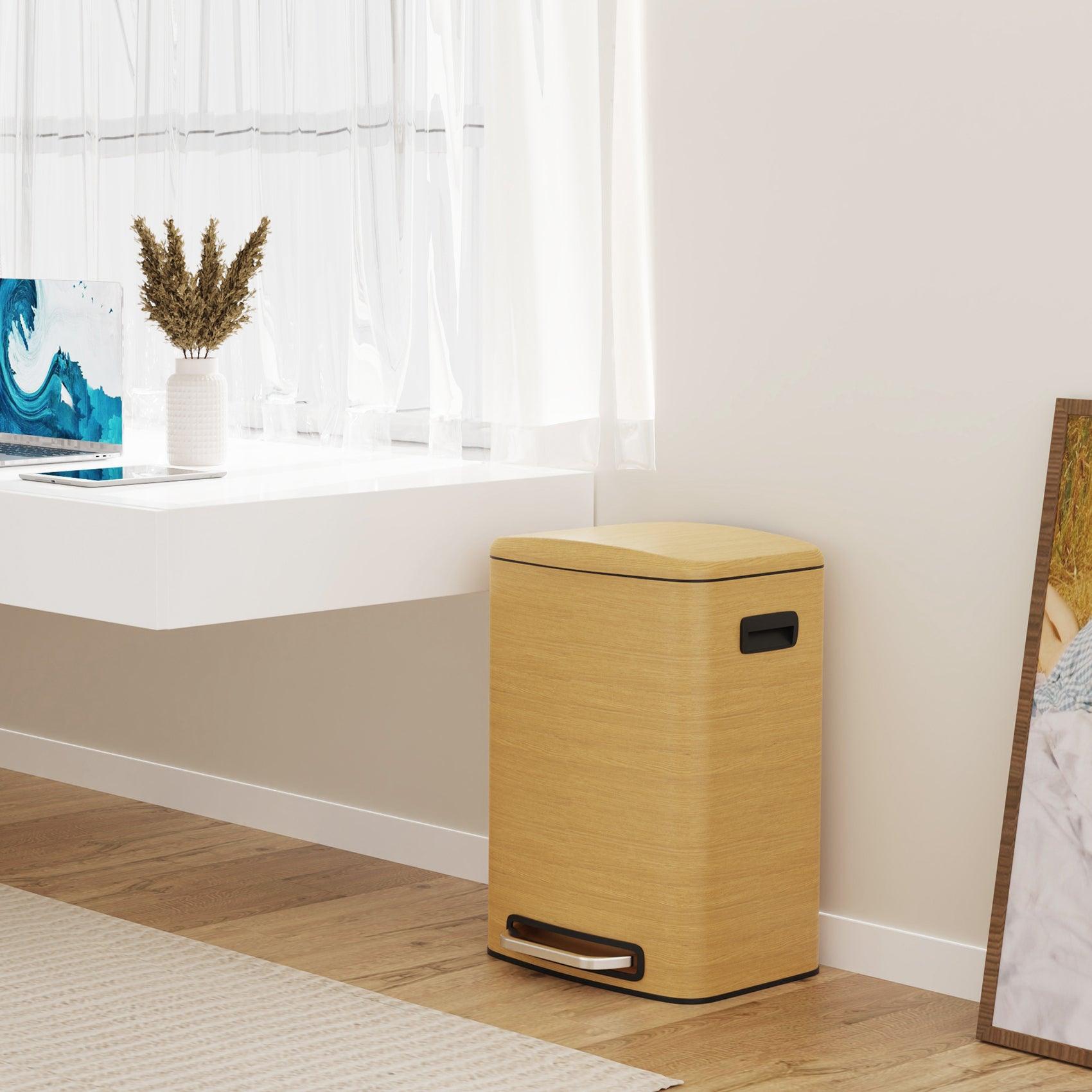 13 Gallon 50L Stainless Steel Rectangular Trash Can with Foot Pedal - Soft Close Lid, Wood Texture Design - Includes 30 Garbage Bags - Perfect for Kitchen, Office, or Bathroom Waste Disposal
