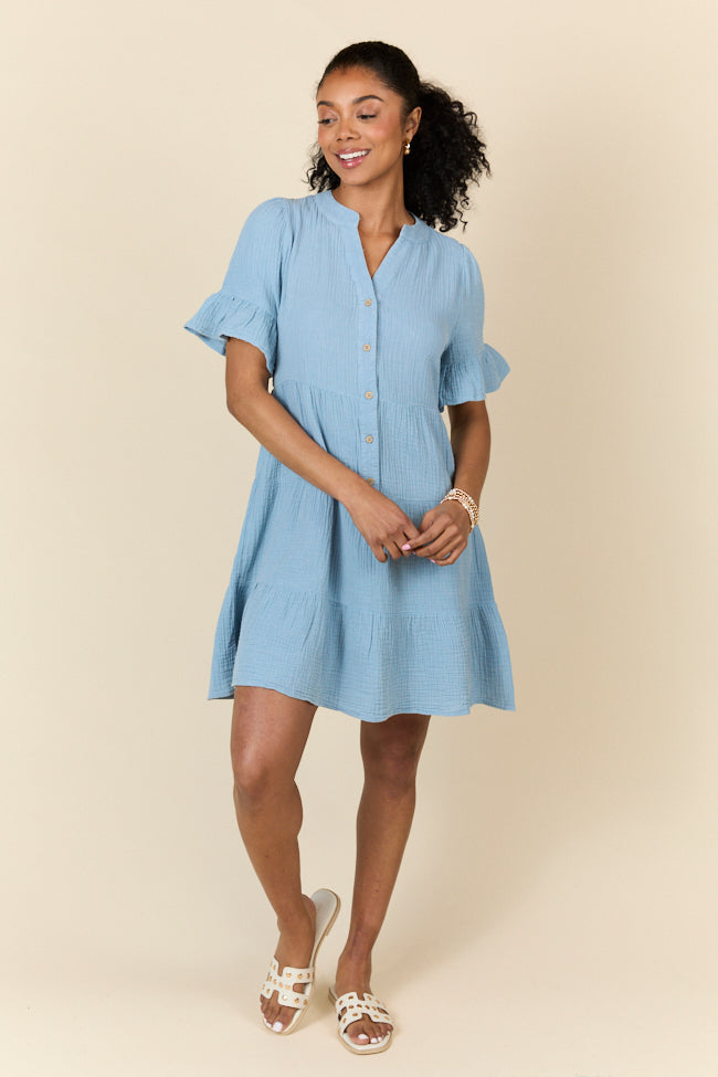 Blue Gauze Mini Dress for Women - Lightweight & Flowy Summer Dress - Perfect for Weekend Outings, Beach Vacations & Casual Dates