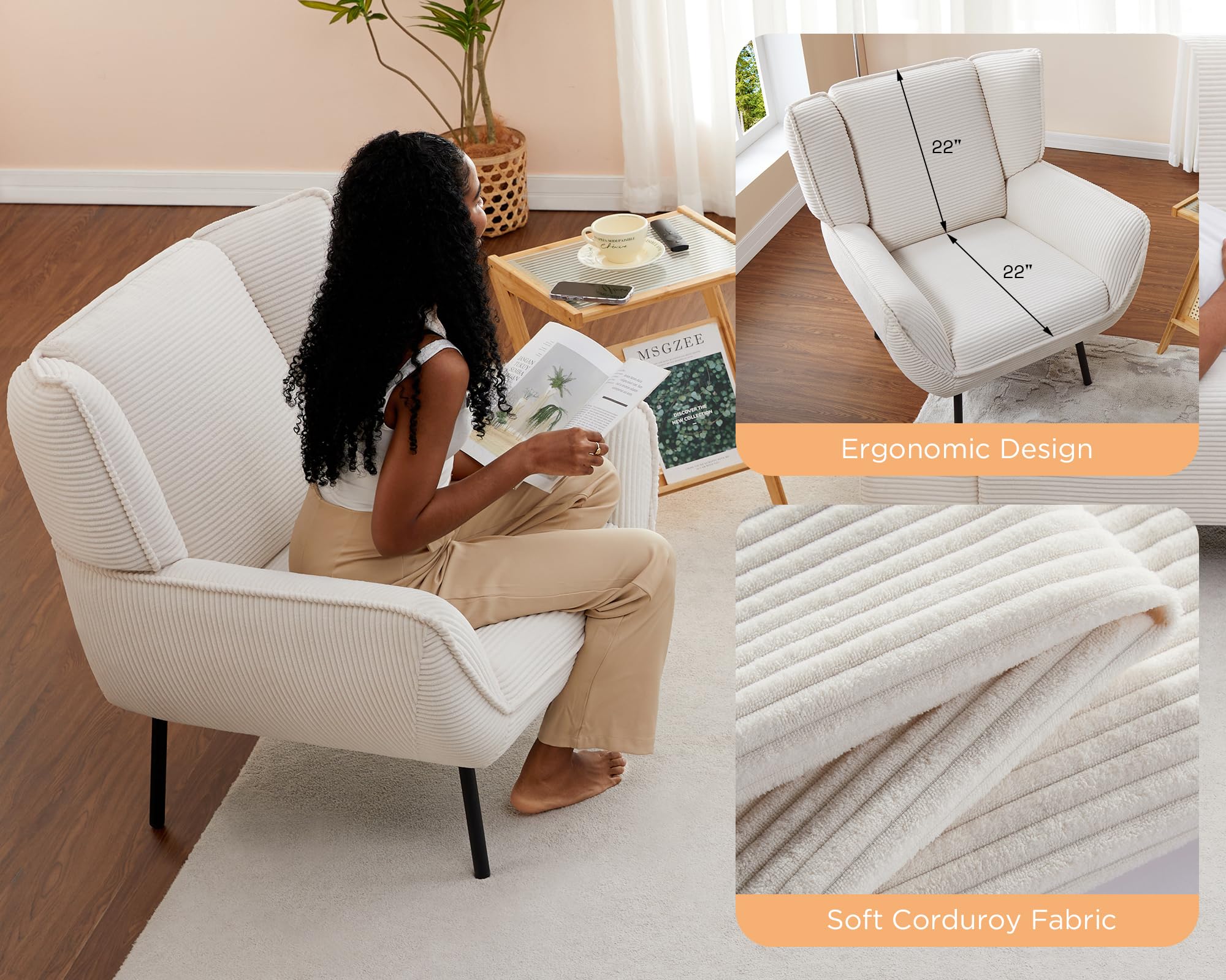 AMERLIFE Accent Chair - Upholstered Wingback Armchair for Living Room & Bedroom, Comfortable Corduroy Reading Chair in White | Perfect for Cozy Corners, Home Office & Relaxation Spaces