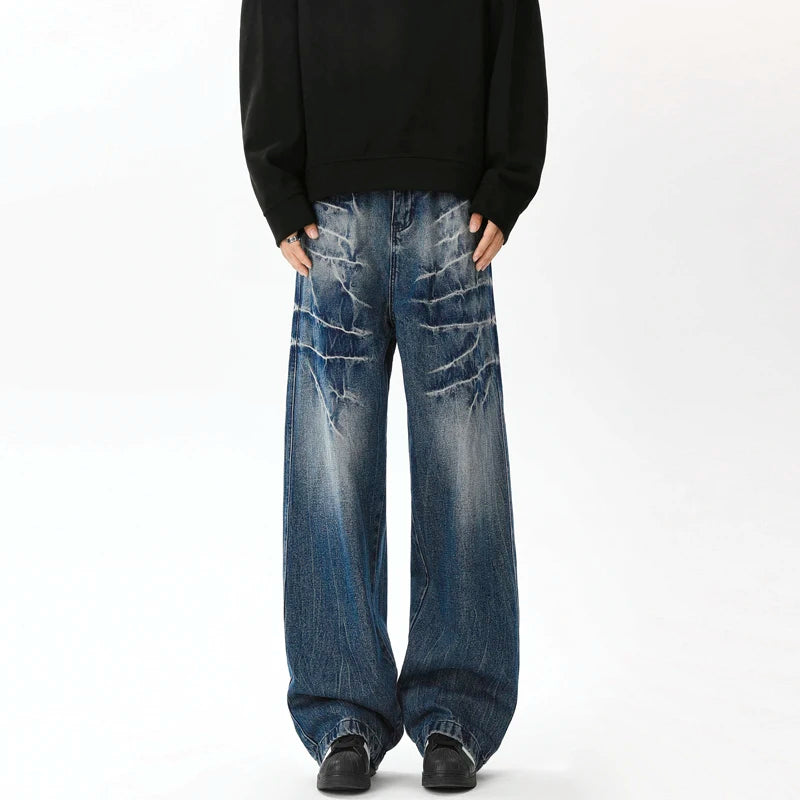 Vintage Washed Baggy Loose Wide Leg Jeans for Men - Lightning Patterned Casual Streetwear with Niche Design (Style 9C9260) | Perfect for Hip-Hop Fashion, Urban Street Style and Retro Outfits