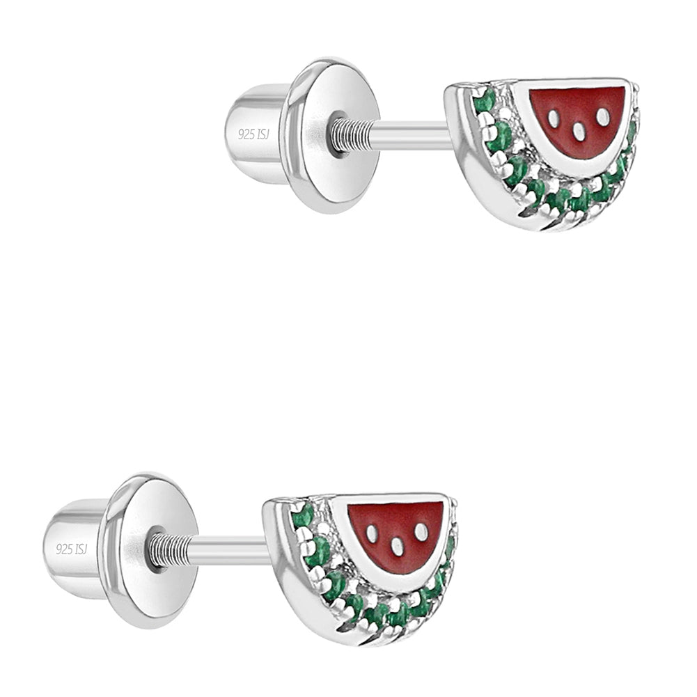 Sterling Silver CZ & Enamel Watermelon Stud Earrings for Kids - Cute Girls' Jewelry Gift for Birthdays, Parties & Everyday Wear