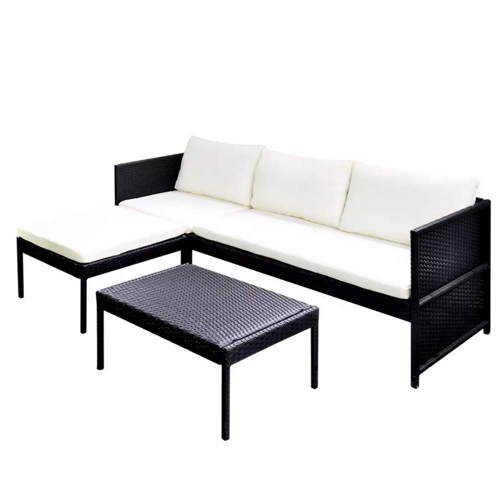 3-Piece Outdoor Garden Lounge Set with Cushions - Black Poly Rattan Patio Furniture Sofa & Coffee Table for Balcony, Backyard, Poolside Relaxation