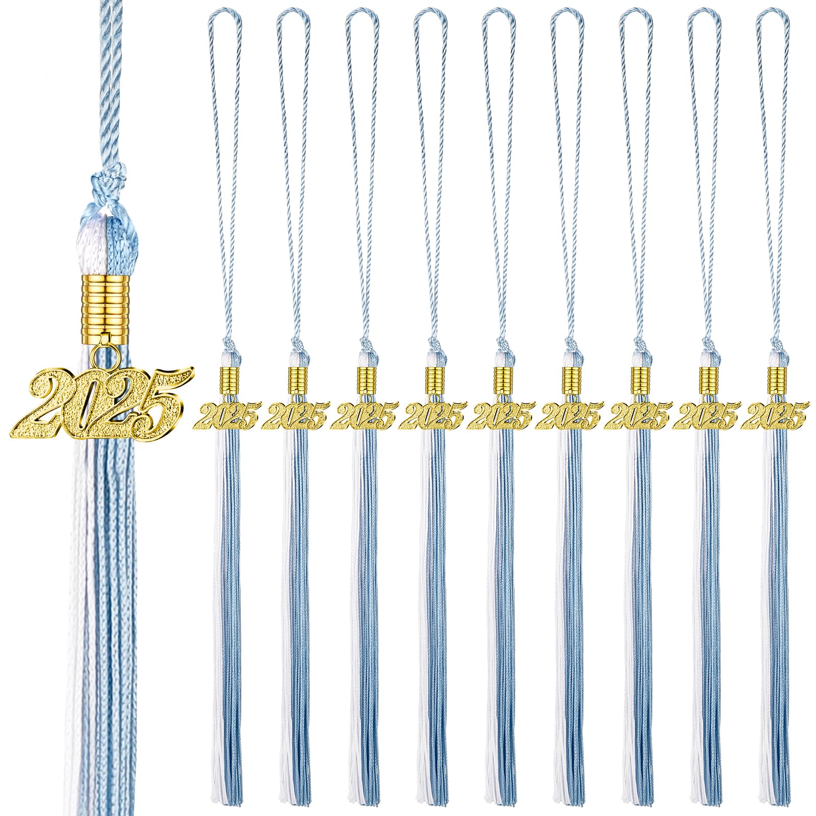 2025 Graduation Tassels - 10 Pack Sky Blue & White Cap Tassels with 2025 Charm for High School & College Graduation Ceremonies, Commencement Decorations and Grad Party Favors