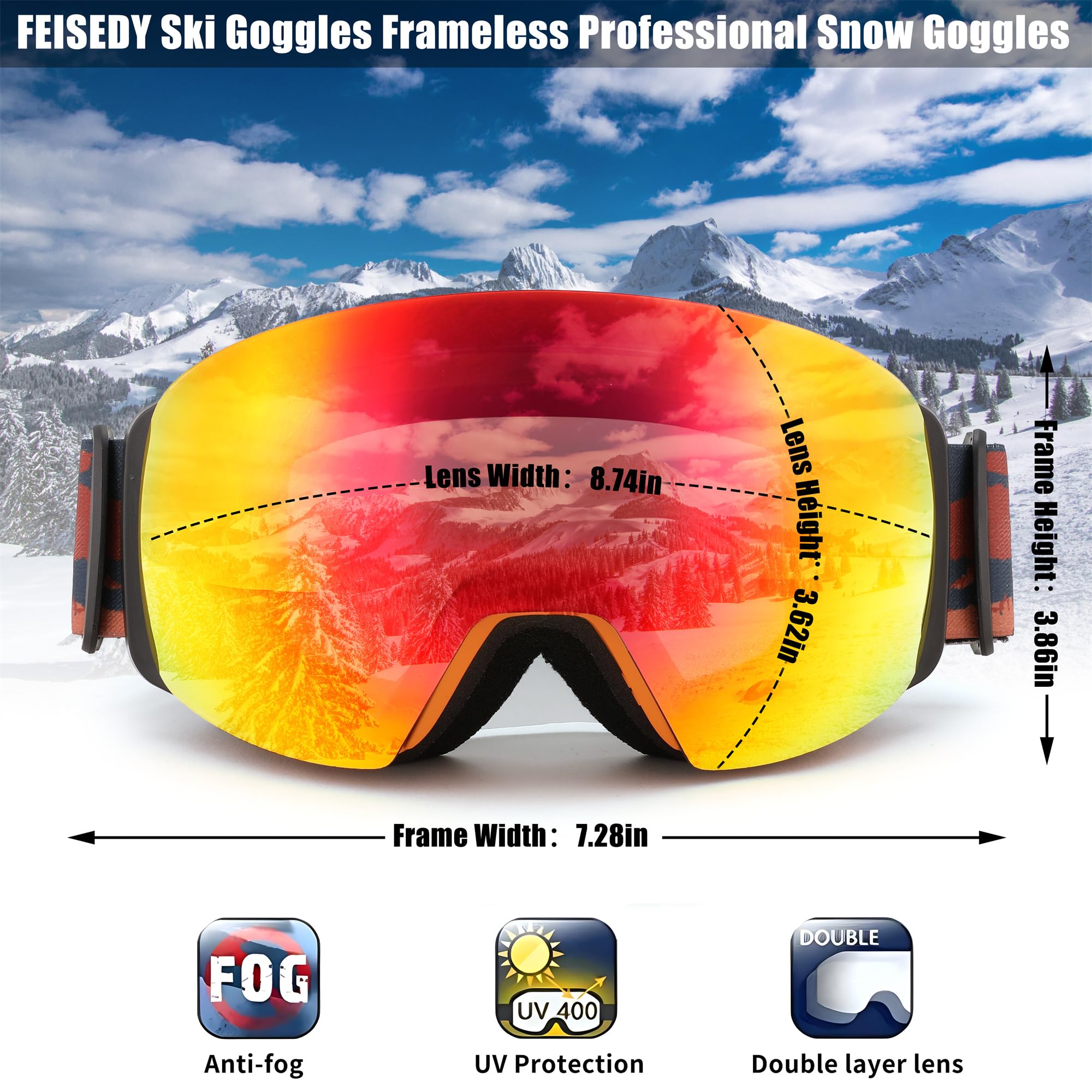 FEISEDY Magnetic Frameless Ski Goggles for Men, Women & Youth - 100% UV Protection Snowboard Goggles for Winter Sports & Outdoor Activities - Perfect for Skiing, Snowboarding & Mountain Adventures