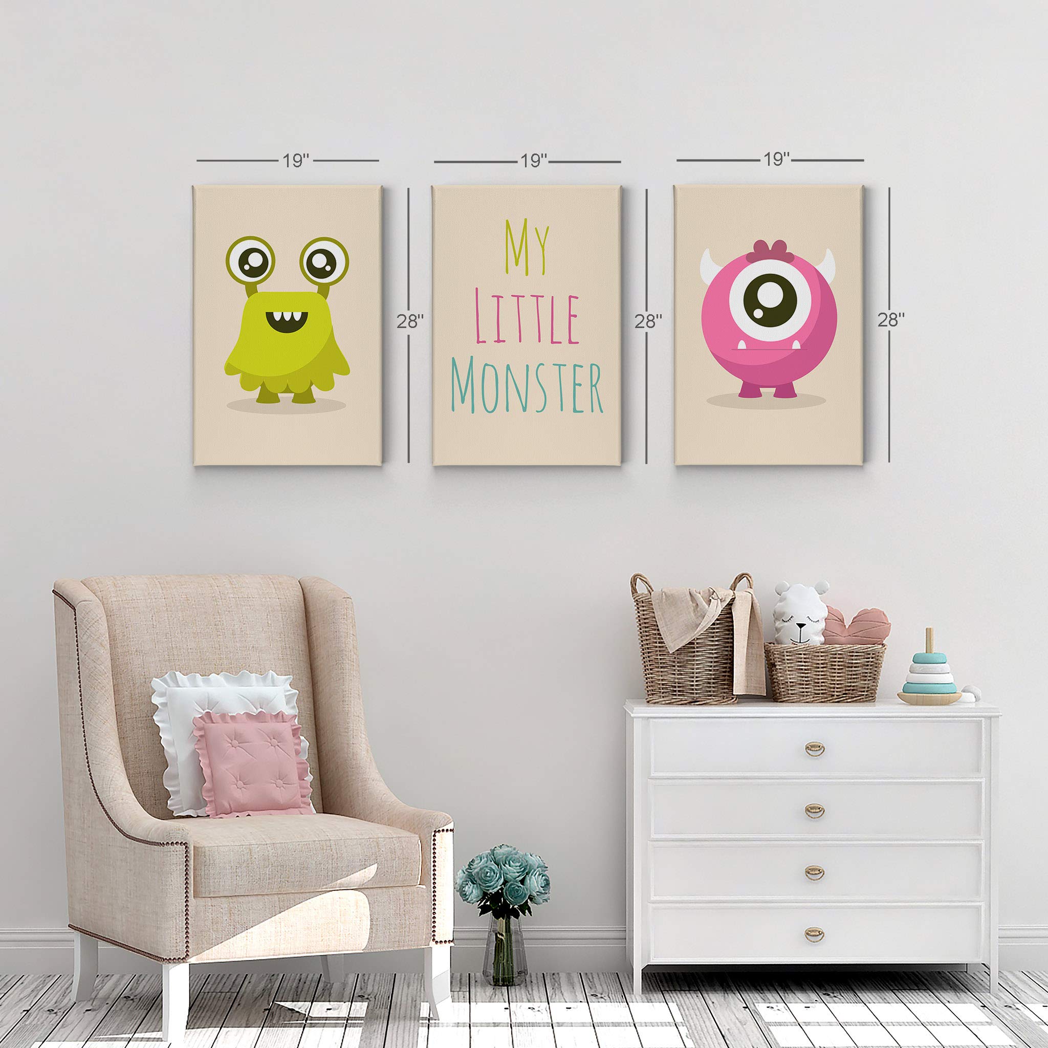 Smile Art Design Green and Pink My Little Monster Lettering Canvas Print Set - 3 Piece Kids Room Wall Art Decor for Baby Boy & Girl Nursery - Ready to Hang (22x15 Inches) - Made in USA | Perfect for Nursery, Playroom & Children's Bedroom Decor