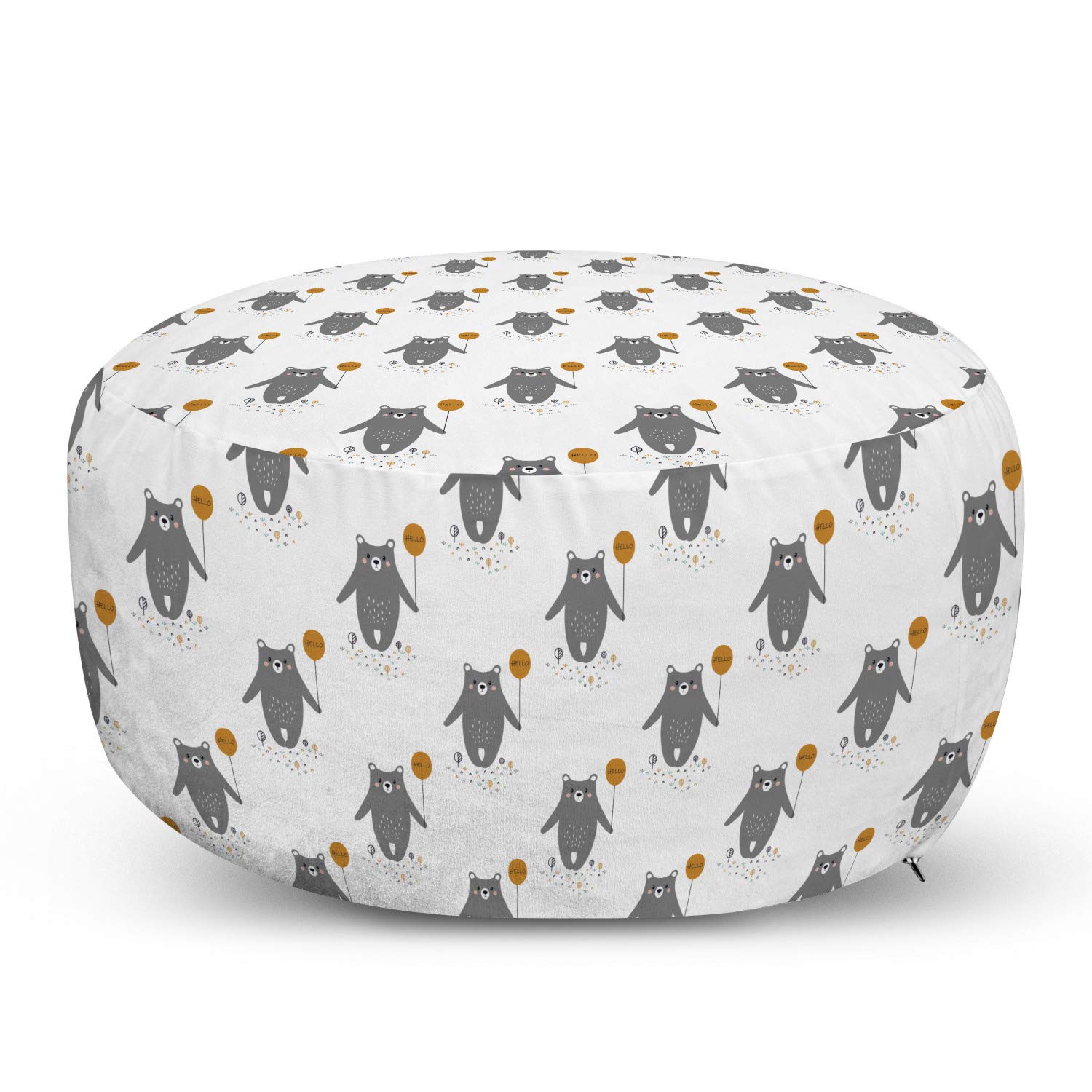 Ambesonne Cartoon Ottoman Pouf - Funny Bear Holding Hello Balloon Print Foot Rest with Removable Cover, Soft Decorative Pouf for Living Room & Bedroom in Pale Coffee Dimgray - Perfect for Home Decor, Lounge Seating and Extra Foot Support