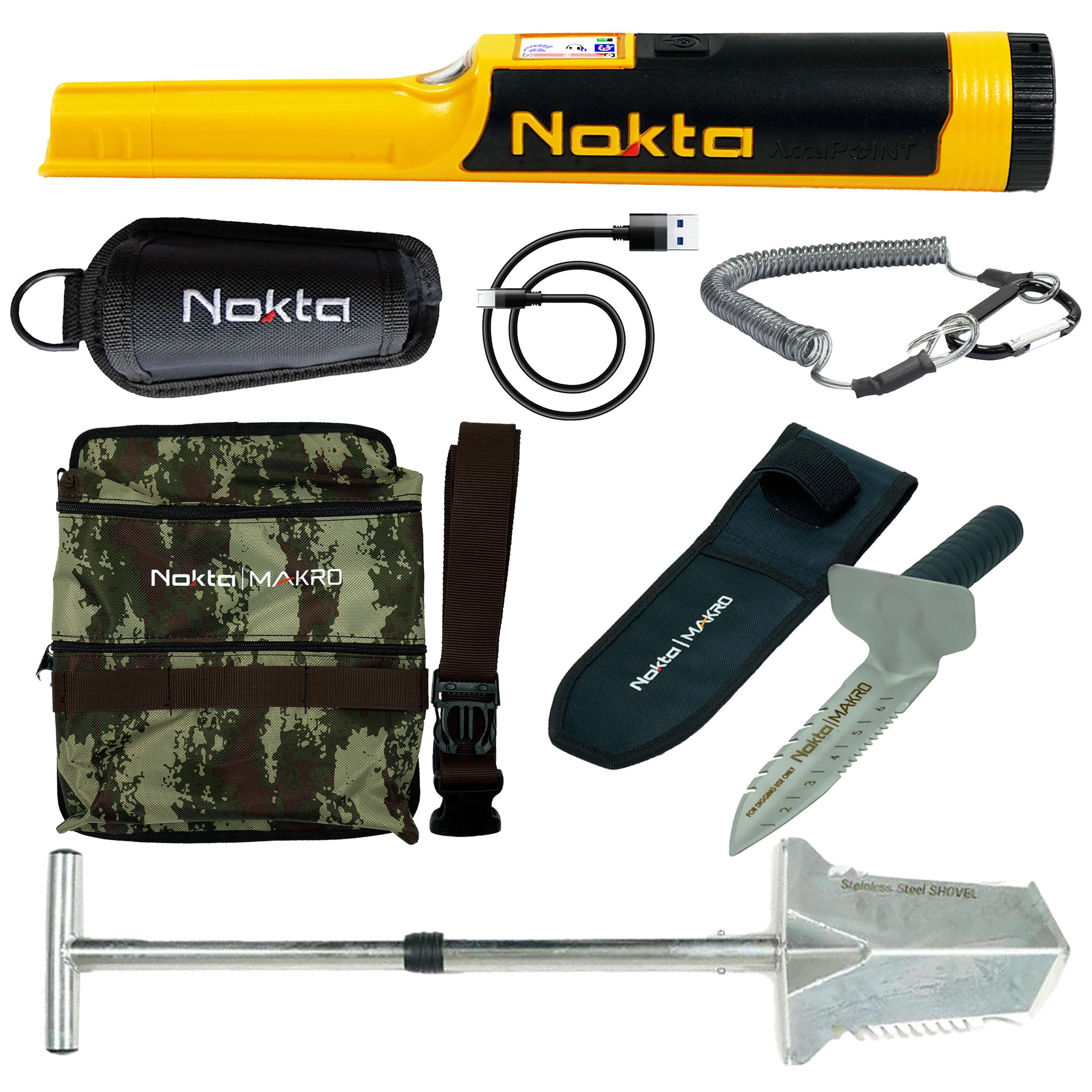 Nokta AccuPOINT Pinpointer Metal Detector with Digger Tool, Belt Holster, Camo Pouch & Shovel - Professional Treasure Hunting Gear for Beach, Field & Outdoor Adventures
