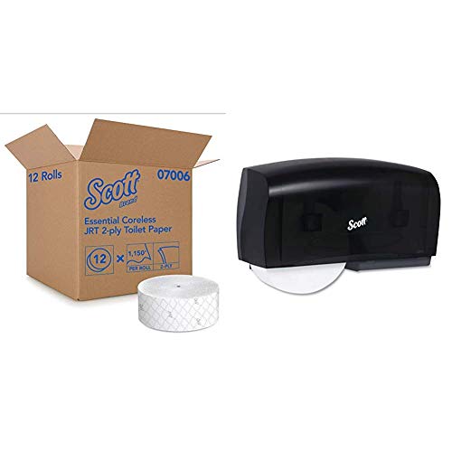 Scott Essential Jumbo Roll JR. Coreless Toilet Paper (07006) with Dispenser (09608) - 48 Rolls, 2-Ply, Soft & Strong - Smoke Black - Perfect for Offices, Restaurants & Commercial Bathrooms