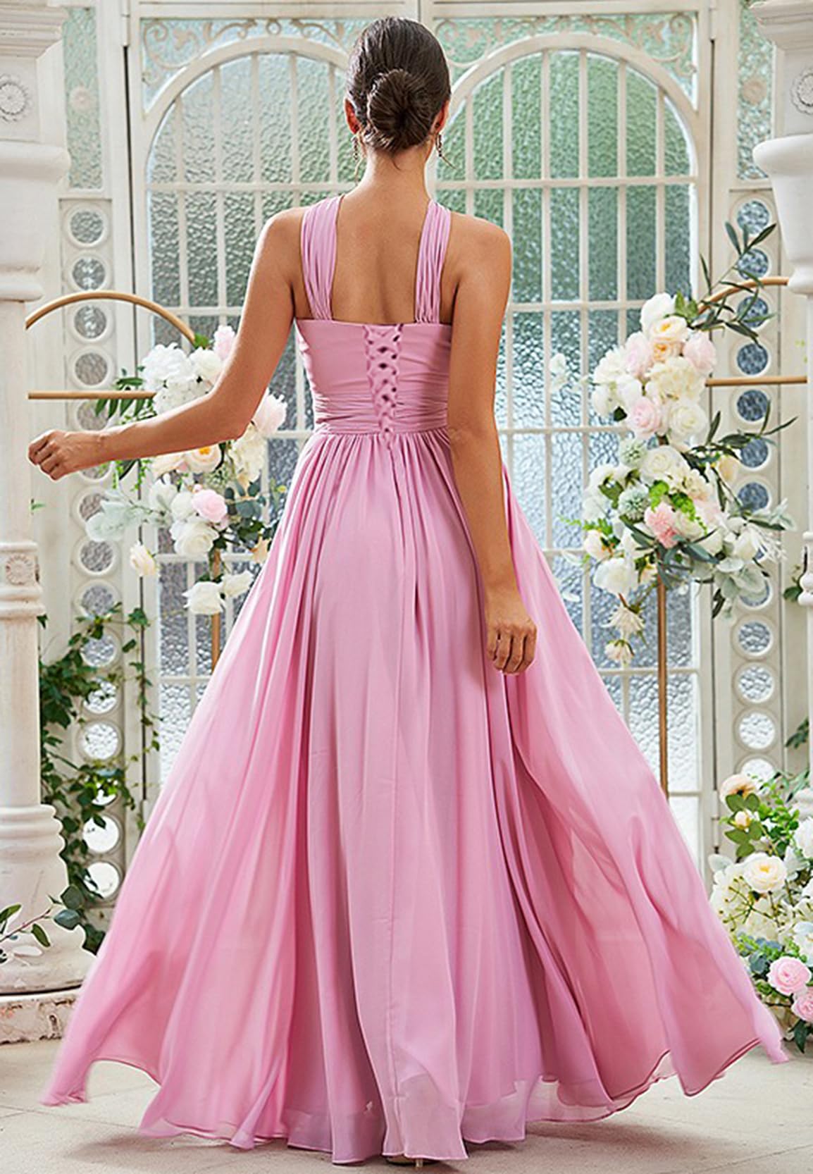 Elegant A-Line Pleated Halter Bridesmaid Dresses for Women - Chiffon Formal Evening Gown with Pockets | Perfect for Weddings, Proms & Special Occasions