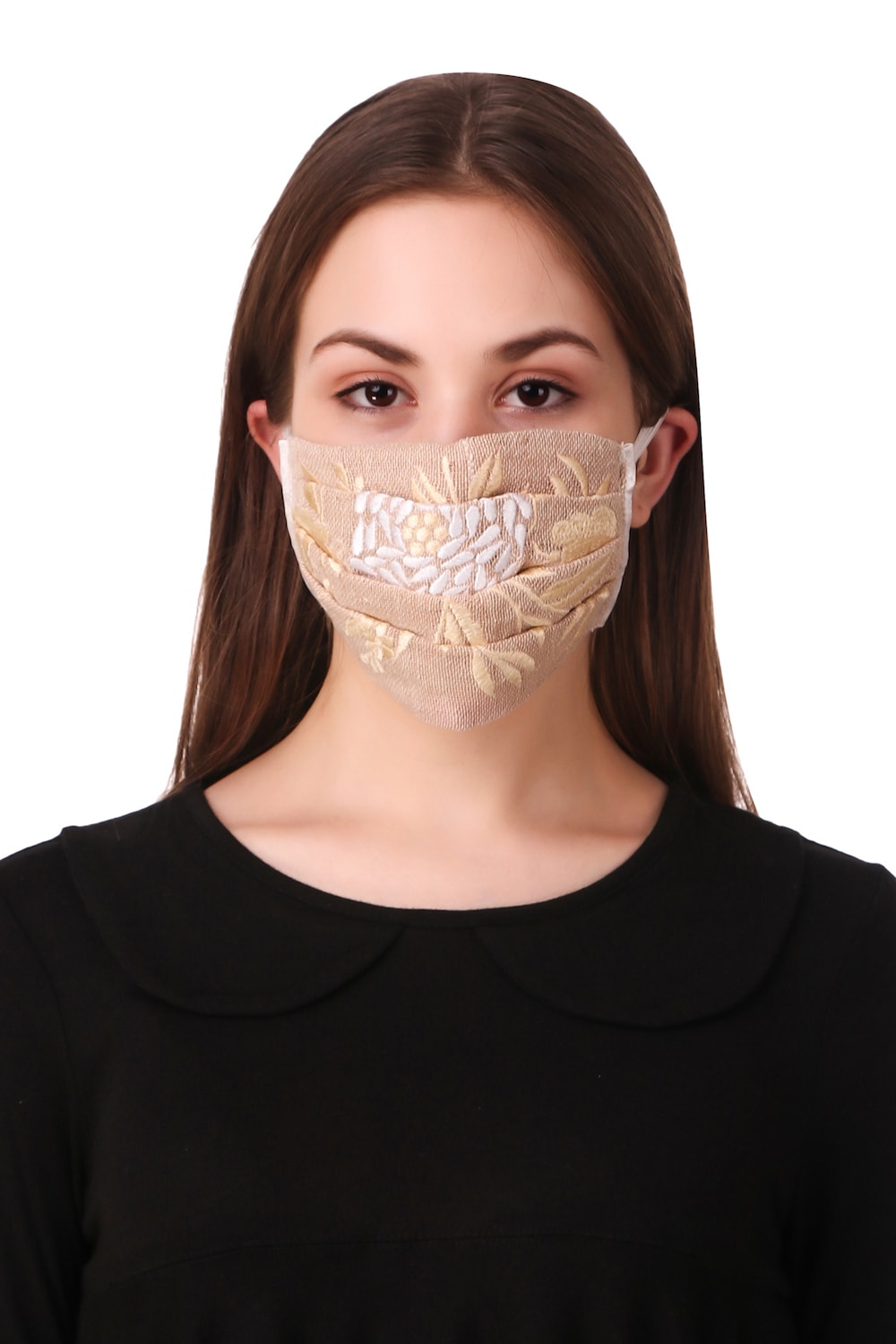 Floral Embroidered Jute Pleated Face Mask - Reusable & Breathable Cotton Fabric for Women - Perfect for Daily Use, Outdoor Activities & Travel Protection