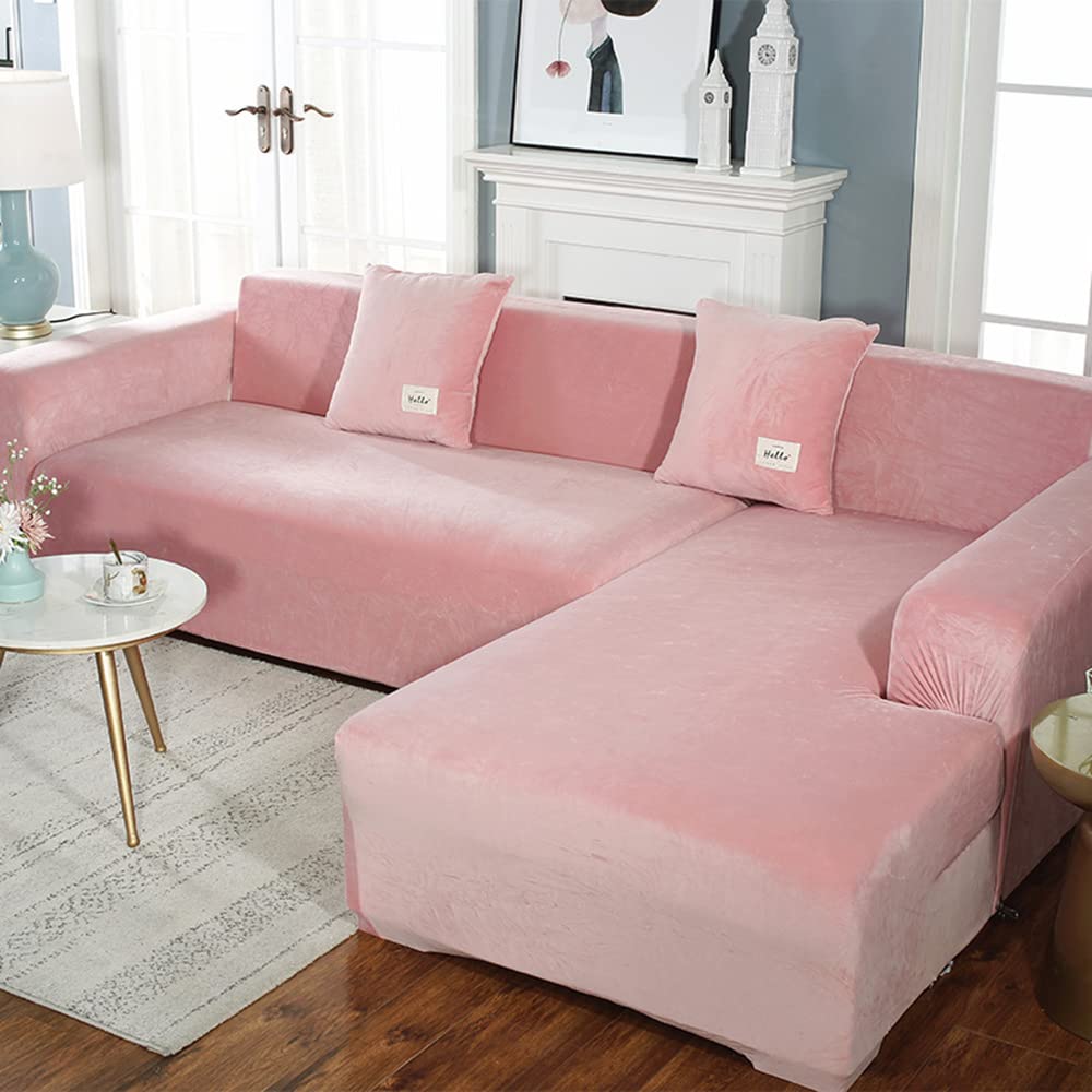YOPOIY Velvet L-Shaped Sectional Sofa Cover - 2-Piece Set, Anti-Slip Pet-Friendly Couch Cover for Living Room (Pink, 2-Seater + 4-Seater) | Perfect for Modern Homes, Family Gatherings & Pet Owners