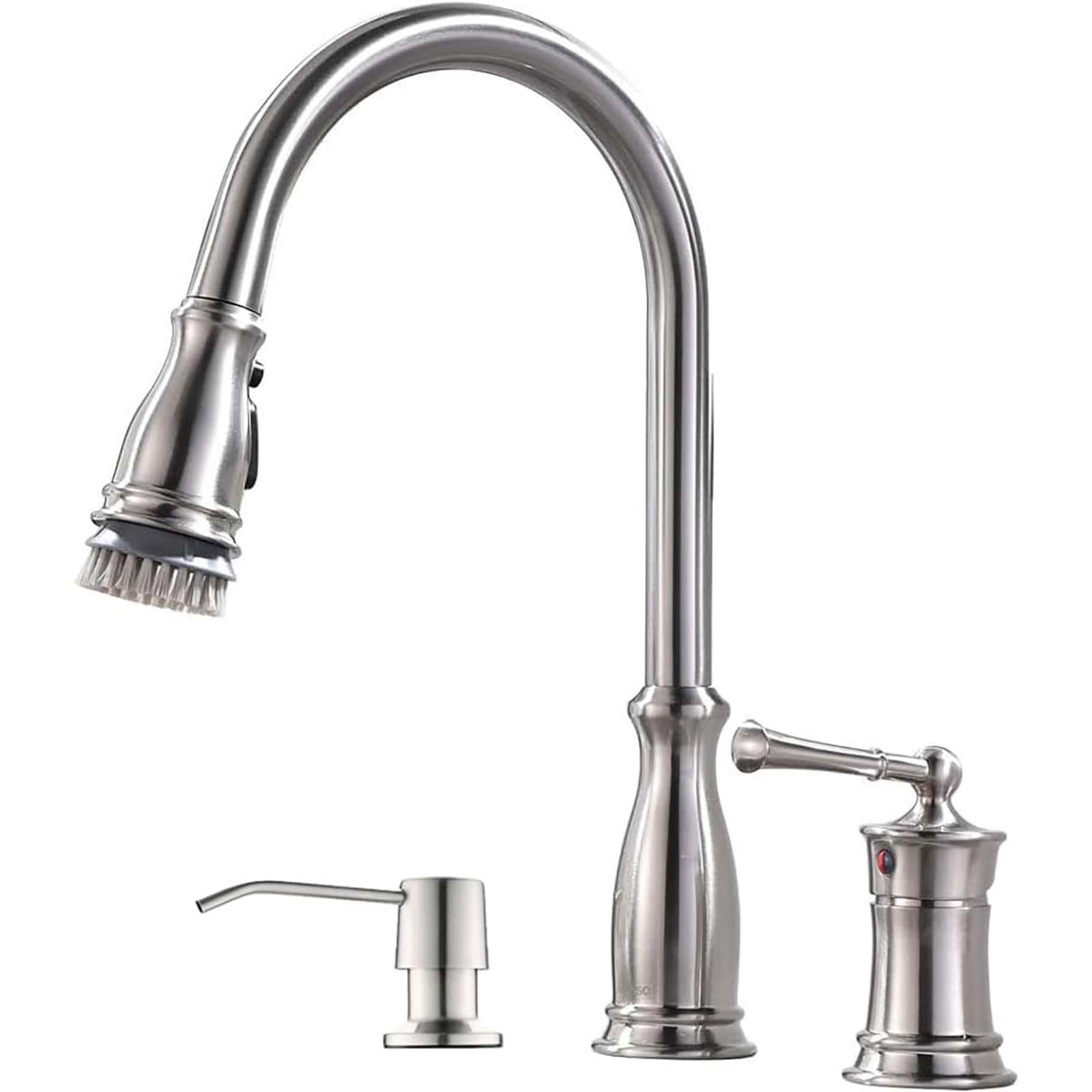 APPASO Brushed Nickel 3-Hole Kitchen Faucet with Pull Down Sprayer - High Arc Stainless Steel Sink Faucet with Soap Dispenser & Separate Handle - Perfect for Modern Kitchens & Restaurant Prep Stations