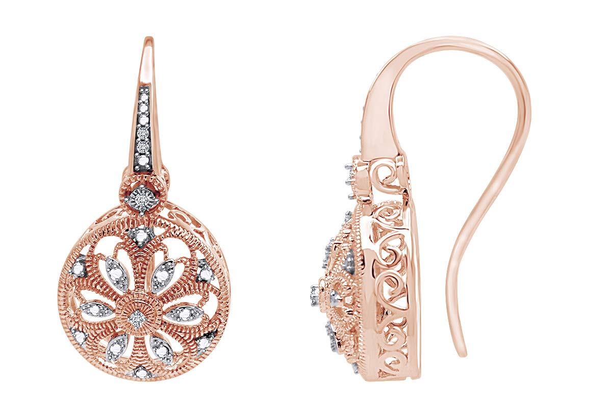 14K Gold Over Sterling Silver Diamond Accent Round Filigree Drop Earrings for Women - I-J Color, I2-I3 Clarity, 0.04 Cttw - Elegant Valentine's Day Gift for Her, Perfect for Weddings, Parties & Special Occasions