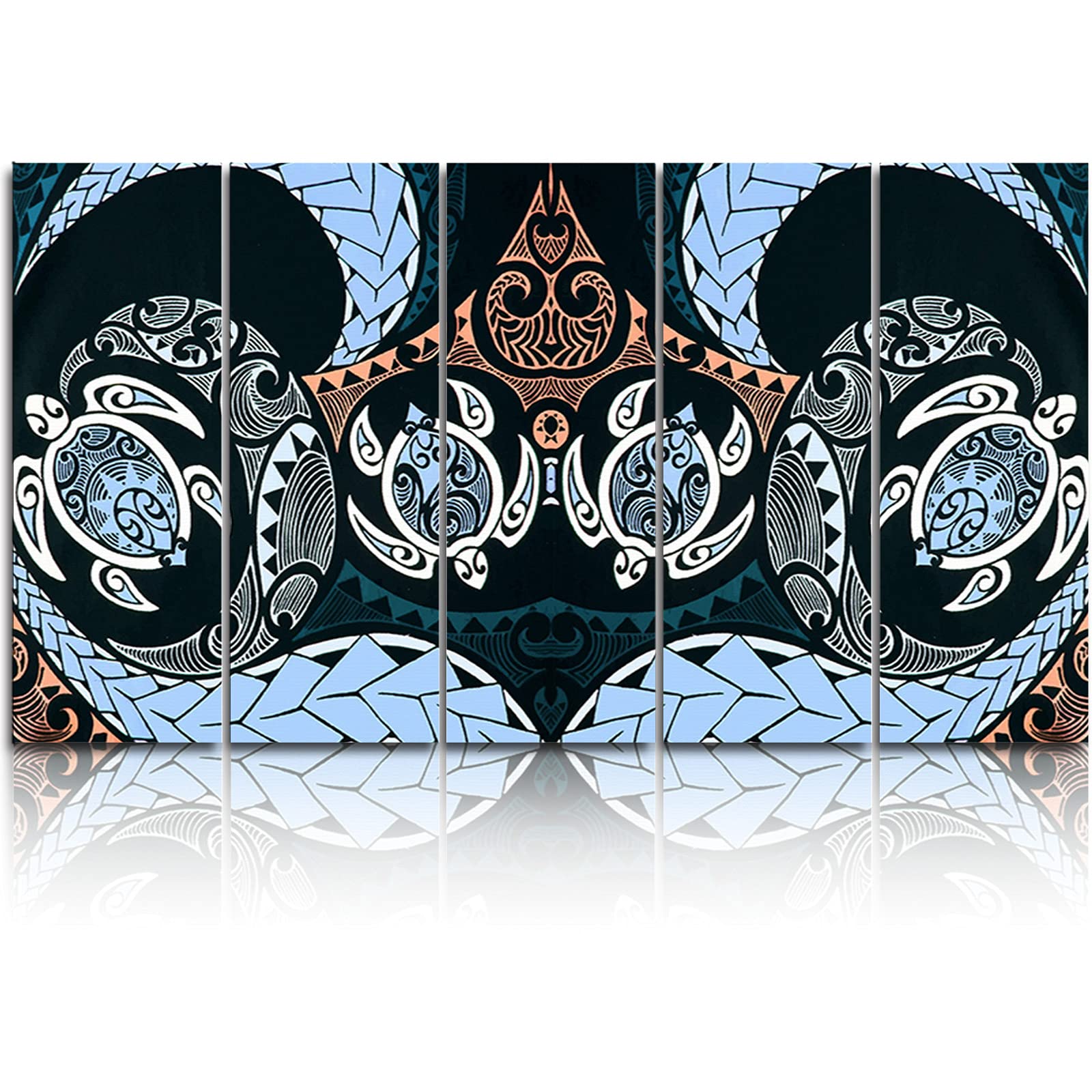 Modern Sea Turtles Canvas Wall Art - 5 Panels Polynesian Texture Painting for Living Room Decor (8
