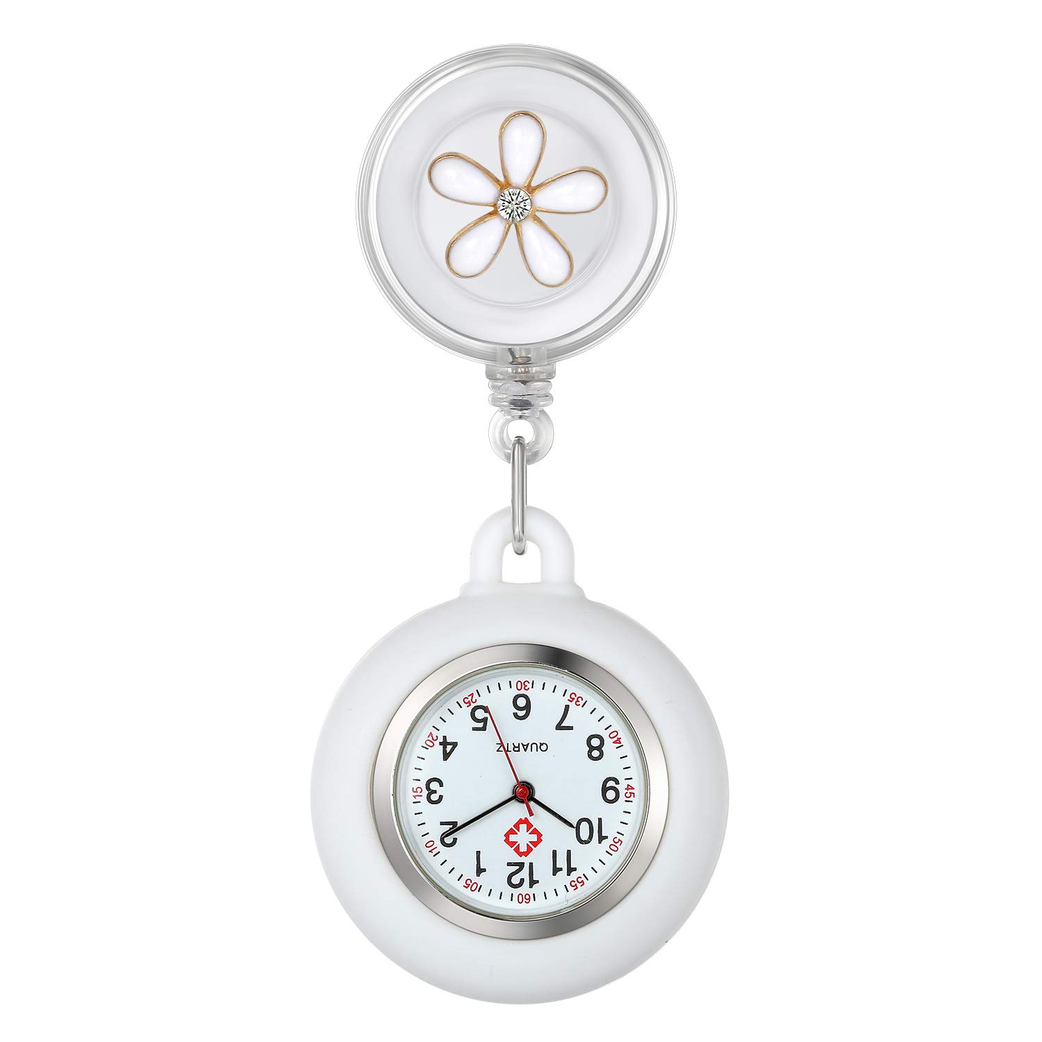 Lancardo Clip-On Nurse Watch for Medical Professionals - White Silicone Badge Watch with Leaves Pattern & Retractable Stethoscope Fob | Perfect for Doctors, Nurses, Healthcare Workers in Hospitals & Clinics